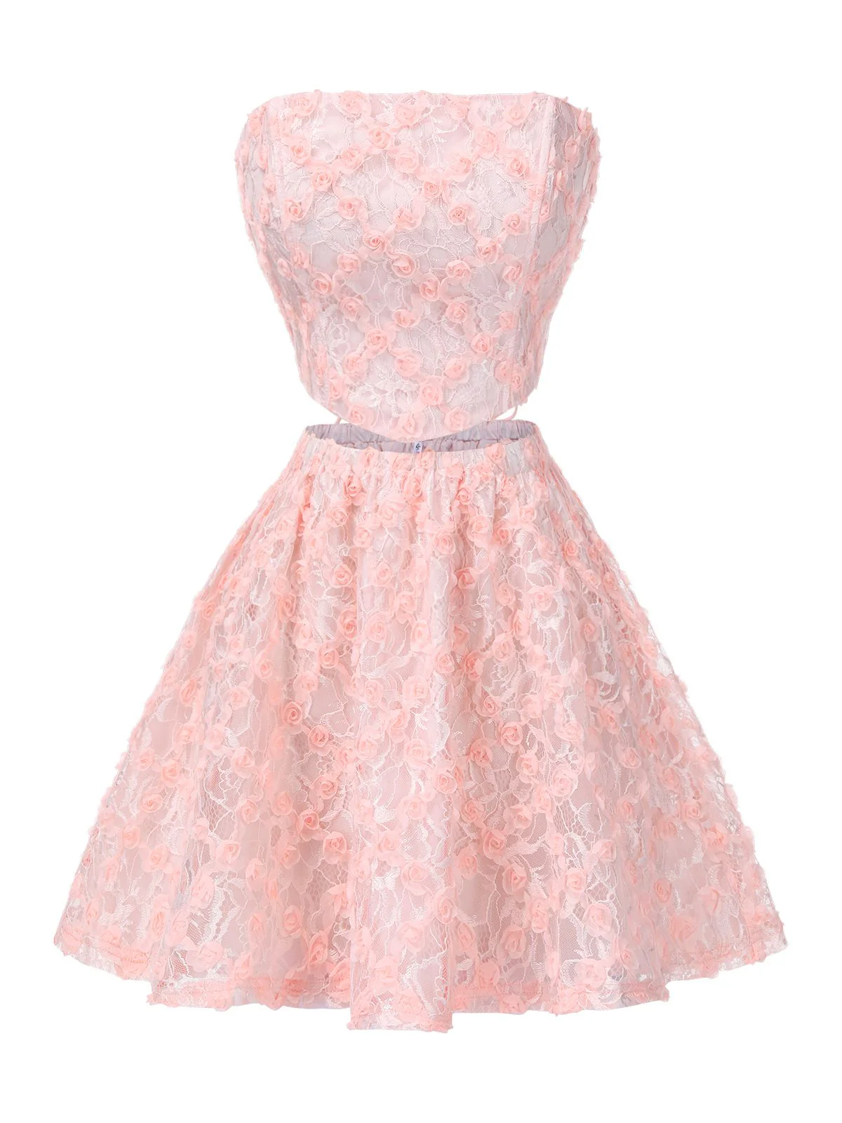 2PCS Pink 1950s 3D-Roses Lace-Up Bandeau Top & Skirt - Image 2