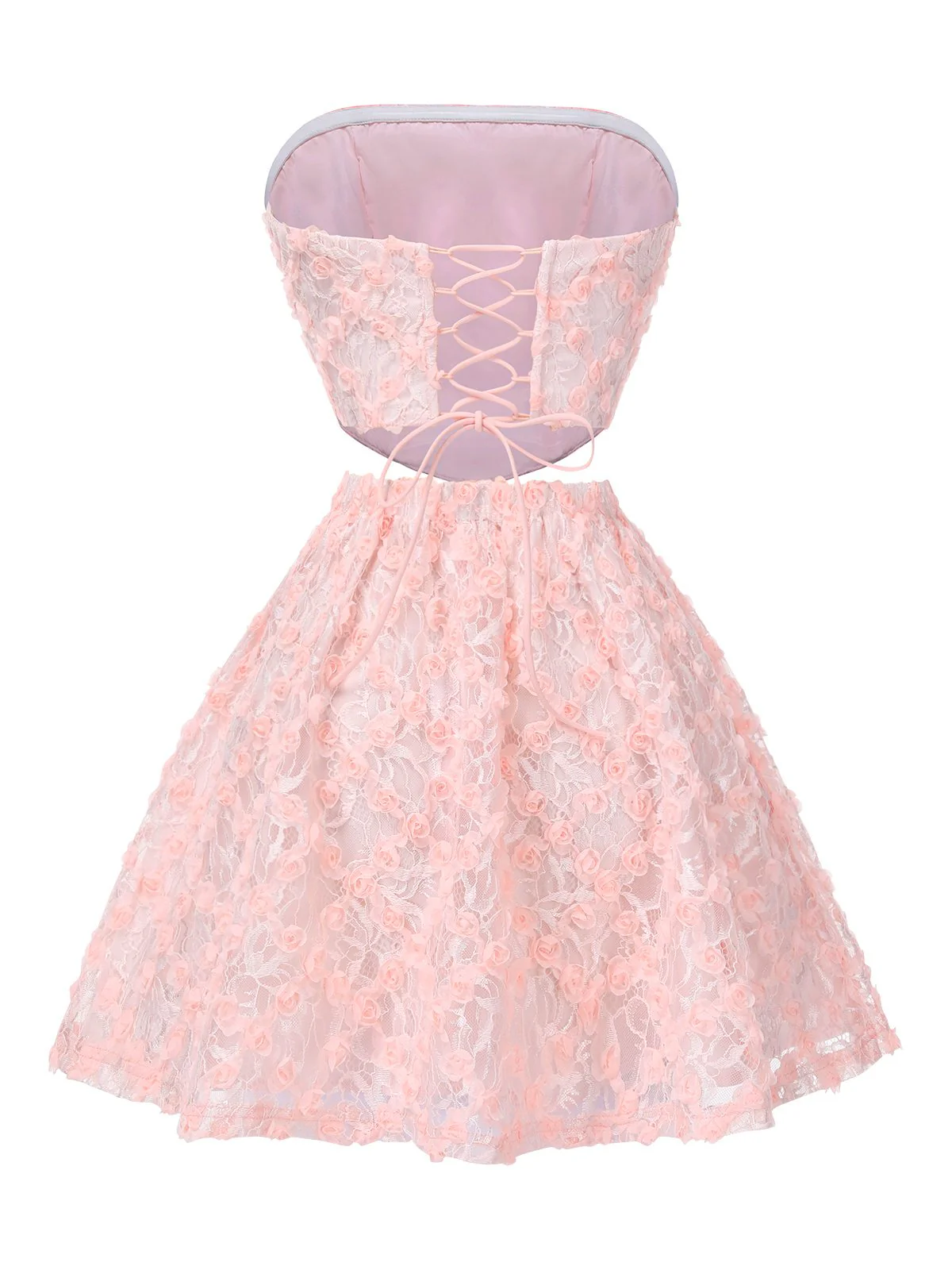 2PCS Pink 1950s 3D-Roses Lace-Up Bandeau Top & Skirt - Image 3
