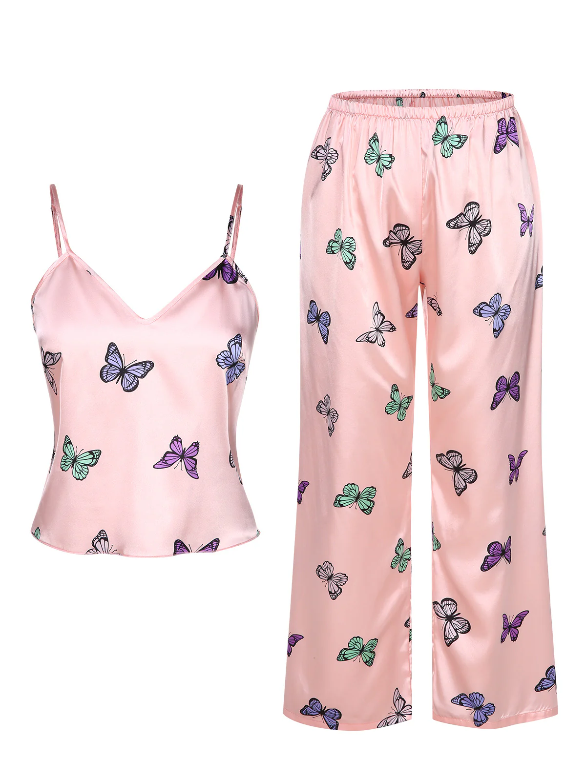 2PCS Pink 1950s Butterfly Suspender V-Neck Sleepwear - Image 3