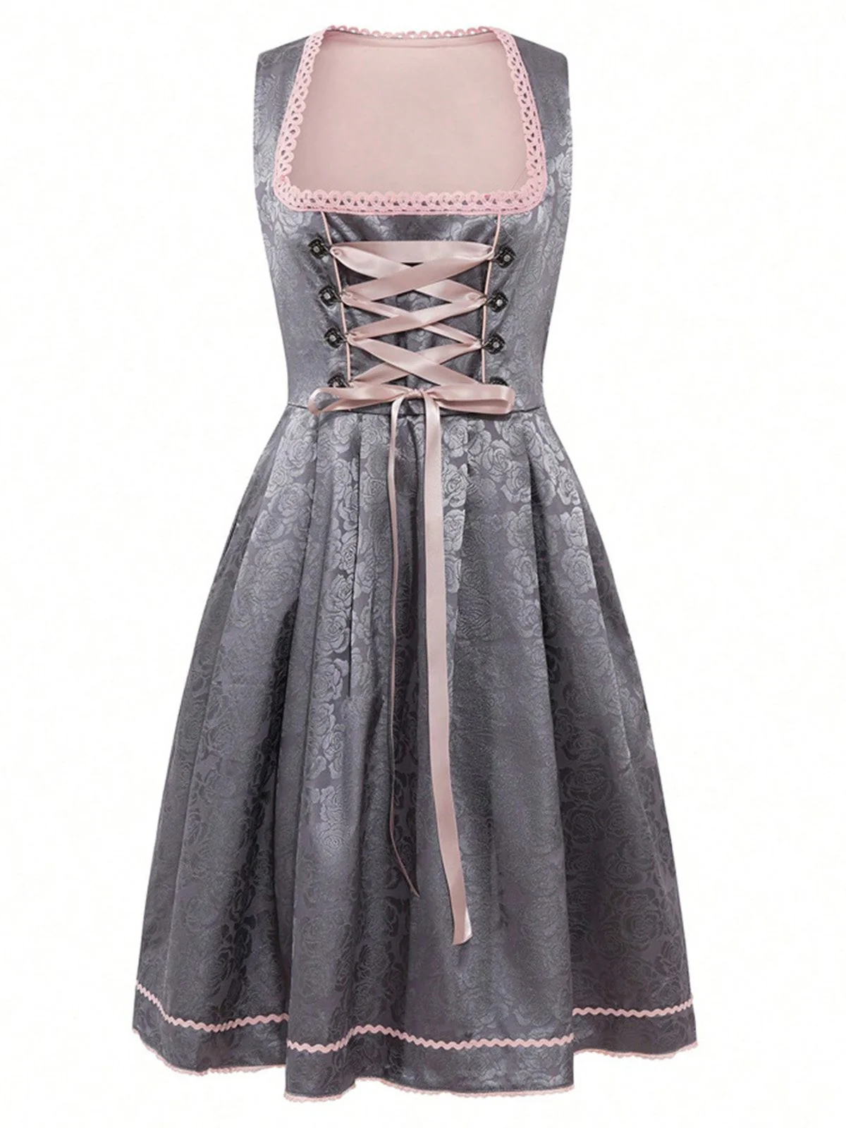 2PCS Pink 1950s Floral Jacquard Dress & Mesh Embroidered Apron - Image 2