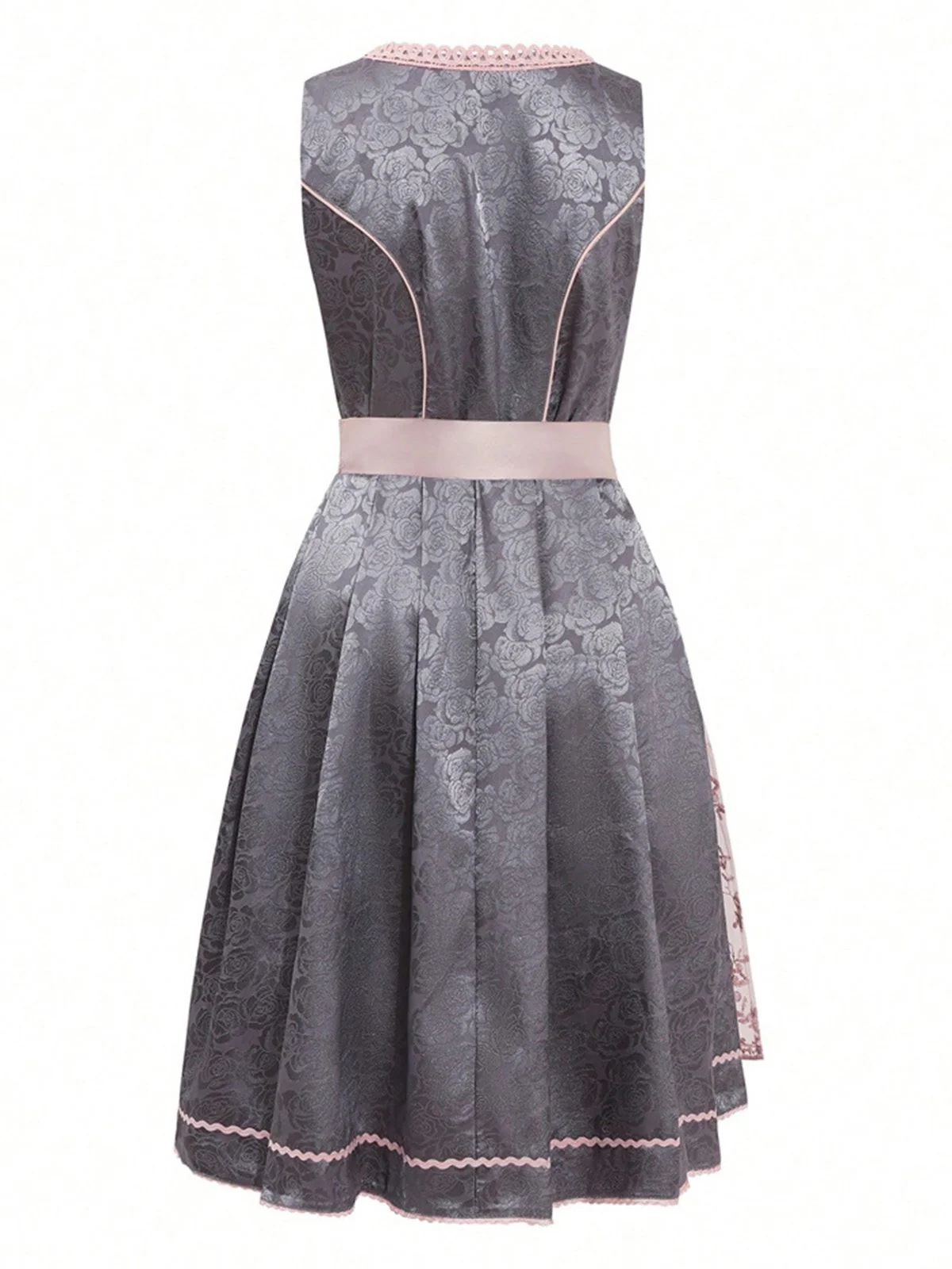 2PCS Pink 1950s Floral Jacquard Dress & Mesh Embroidered Apron - Image 3