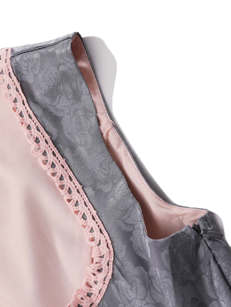 2PCS Pink 1950s Floral Jacquard Dress & Mesh Embroidered Apron - Image 4