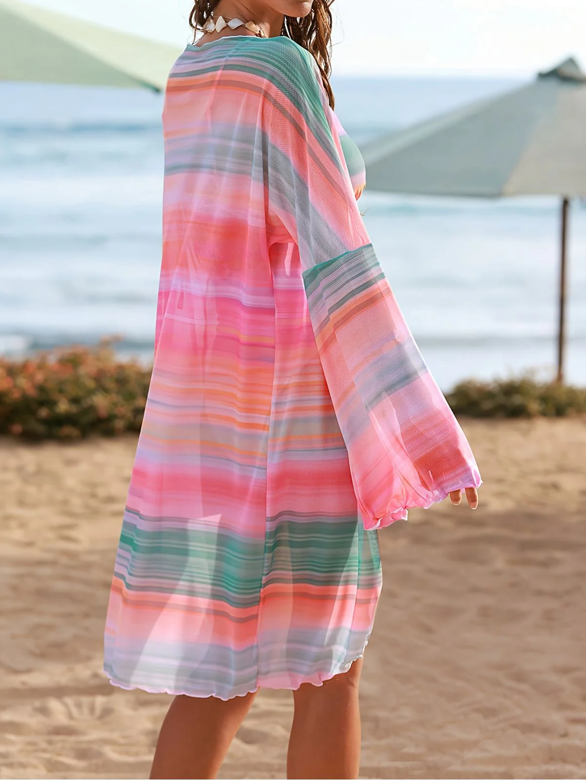 2PCS Pink 1950s Gradient Stripe One-Piece Swimsuit & Cover-Up - Image 3