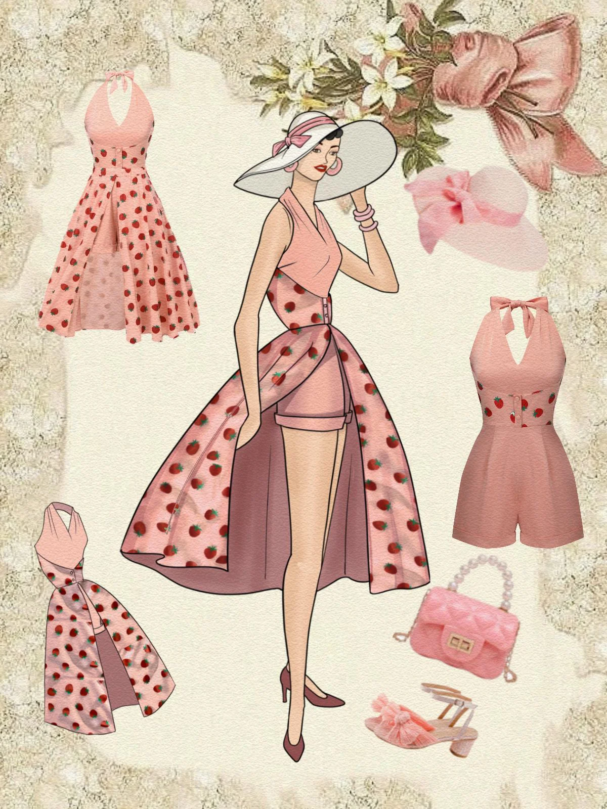 2PCS Pink 1950s Halter Strawberry Romper & Umbrella Skirt - Image 2