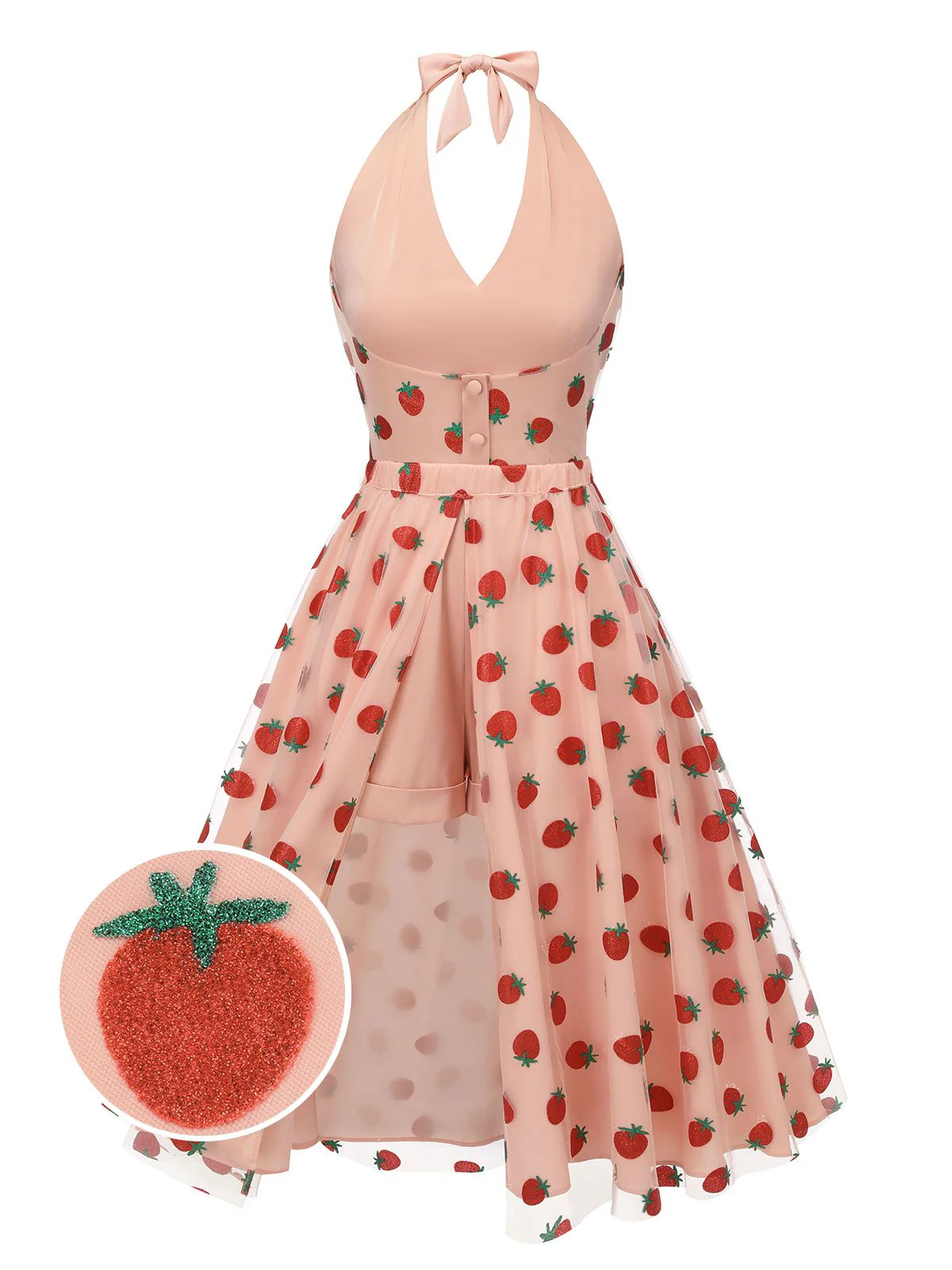 2PCS Pink 1950s Halter Strawberry Romper & Umbrella Skirt - Image 3