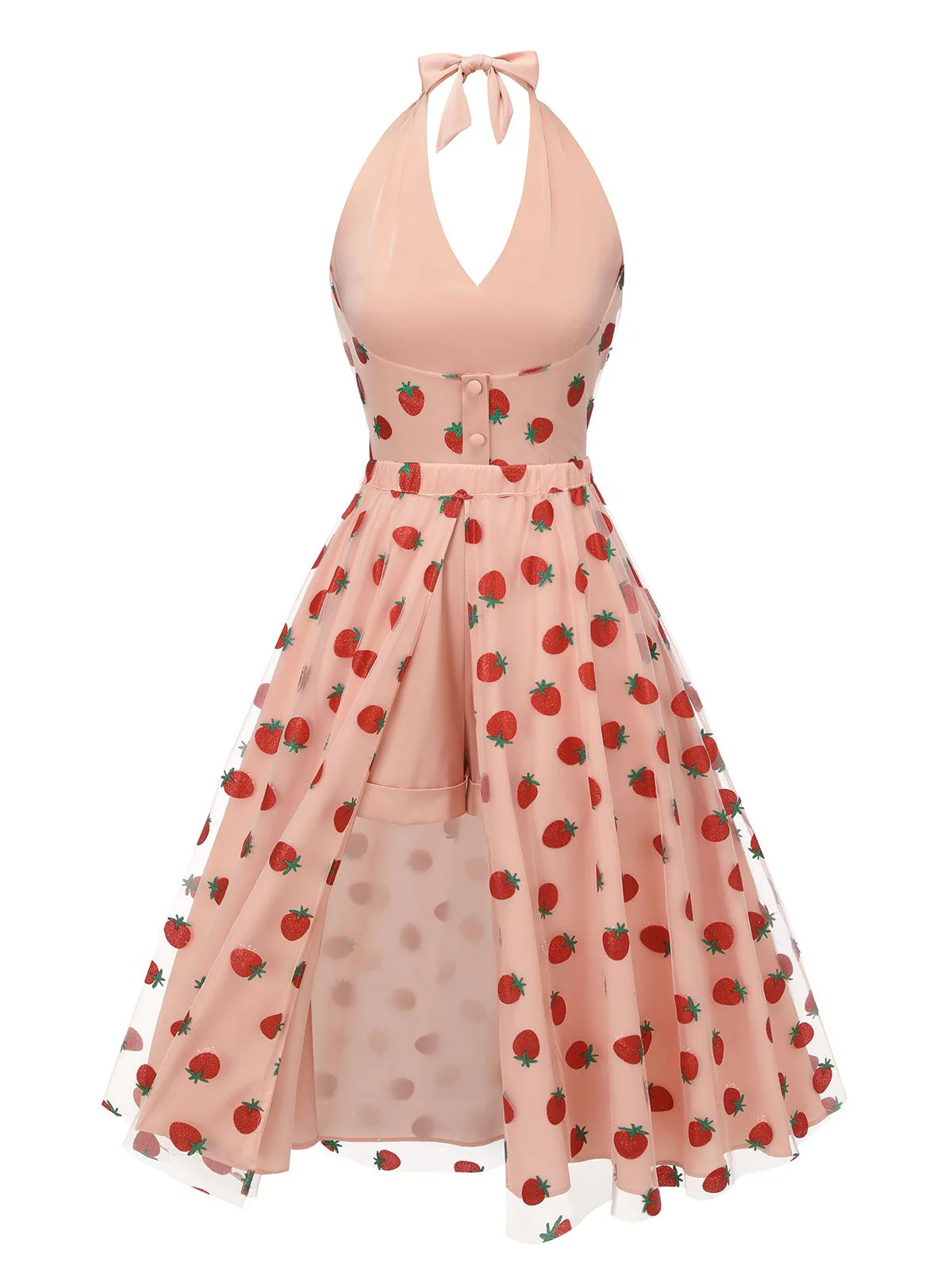 2PCS Pink 1950s Halter Strawberry Romper & Umbrella Skirt - Image 5