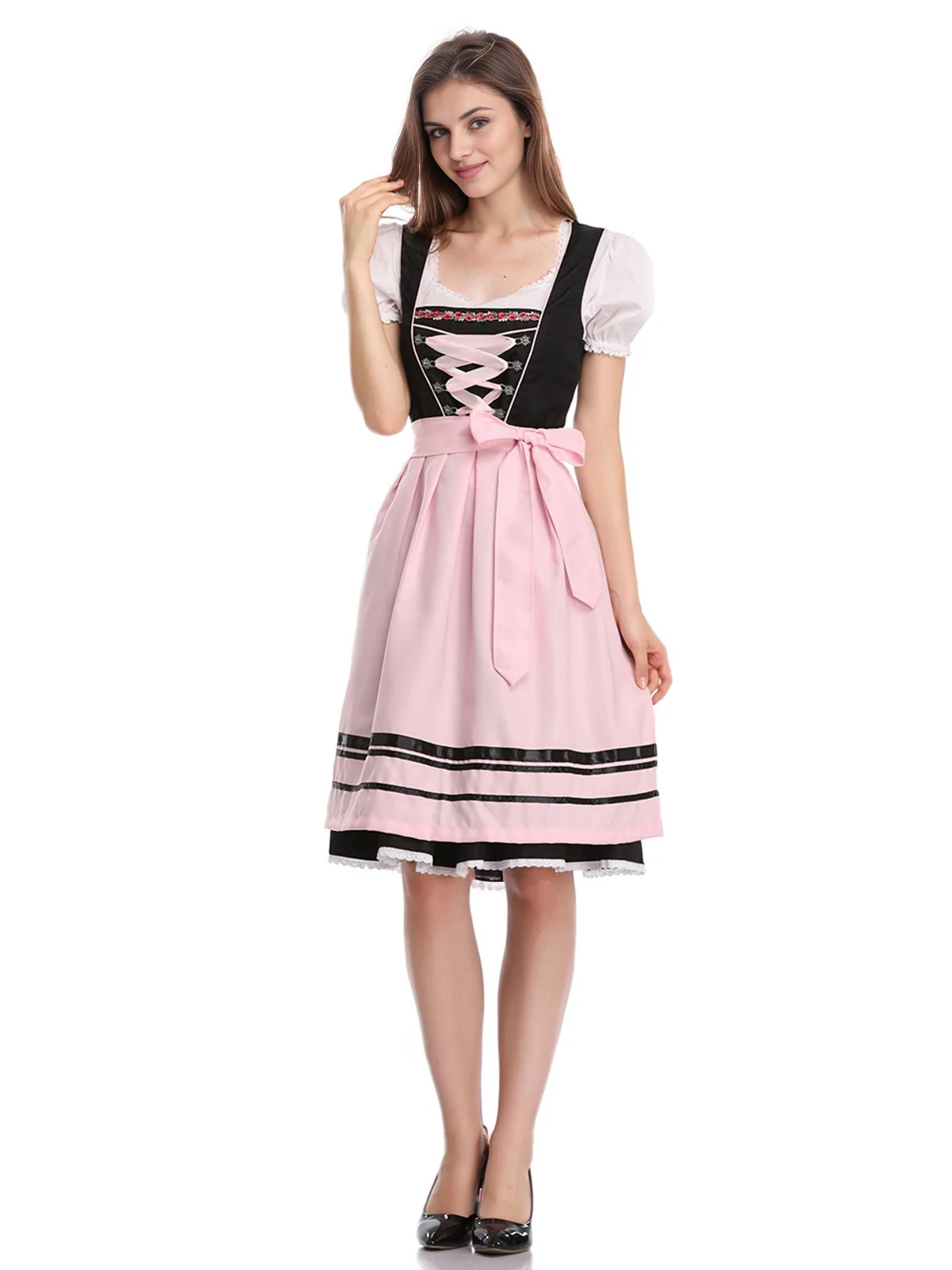 2PCS Pink 1950s Oktoberfest Puff Sleeves Embroidered Dress - Image 2
