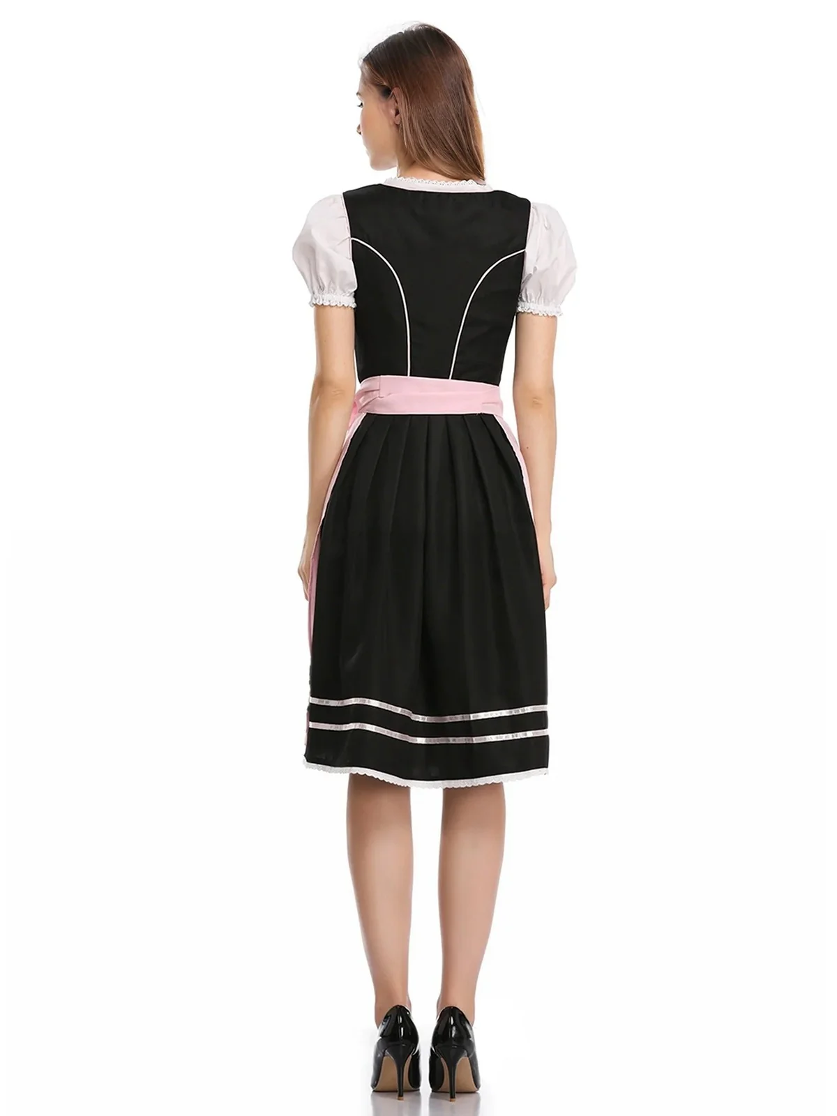 2PCS Pink 1950s Oktoberfest Puff Sleeves Embroidered Dress - Image 3