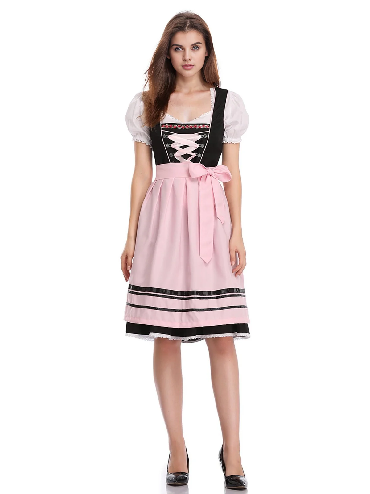 2PCS Pink 1950s Oktoberfest Puff Sleeves Embroidered Dress - Image 4