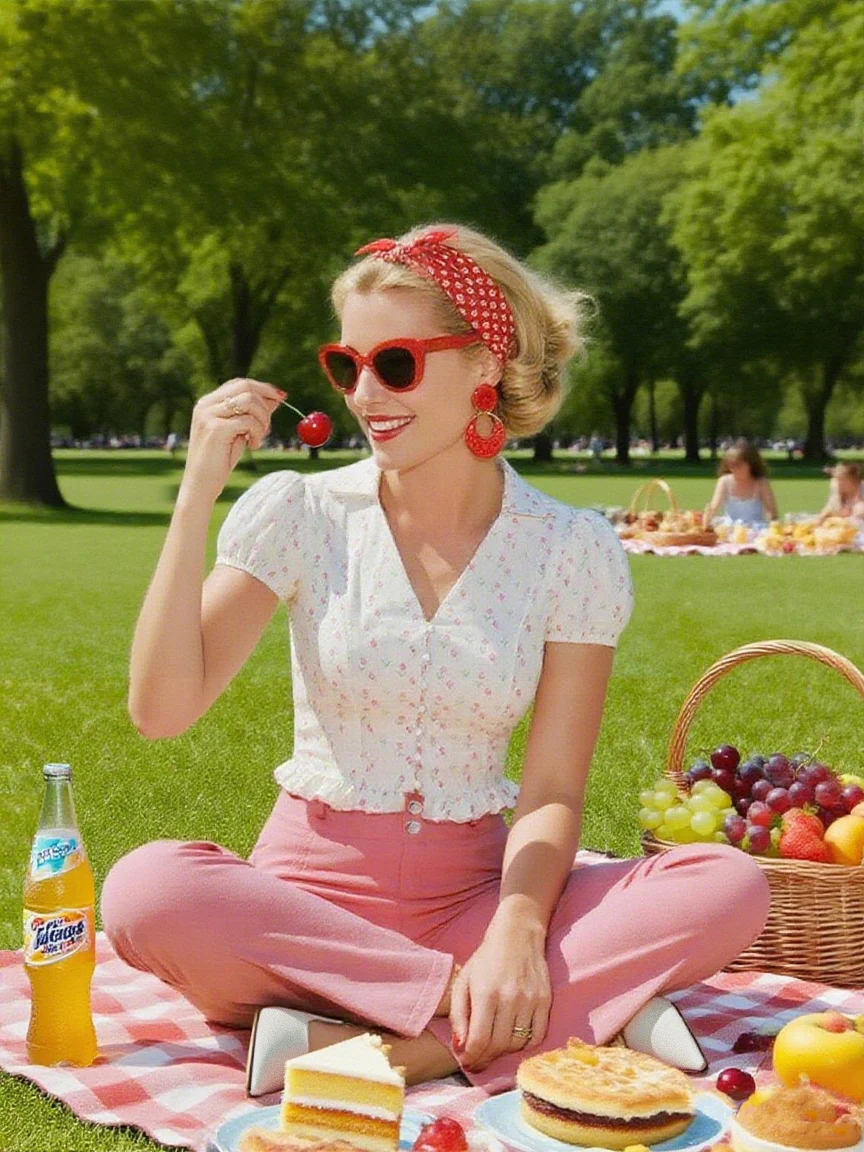 2PCS Pink 1950s Tulip Blouse & Rose Button Pants - Image 2