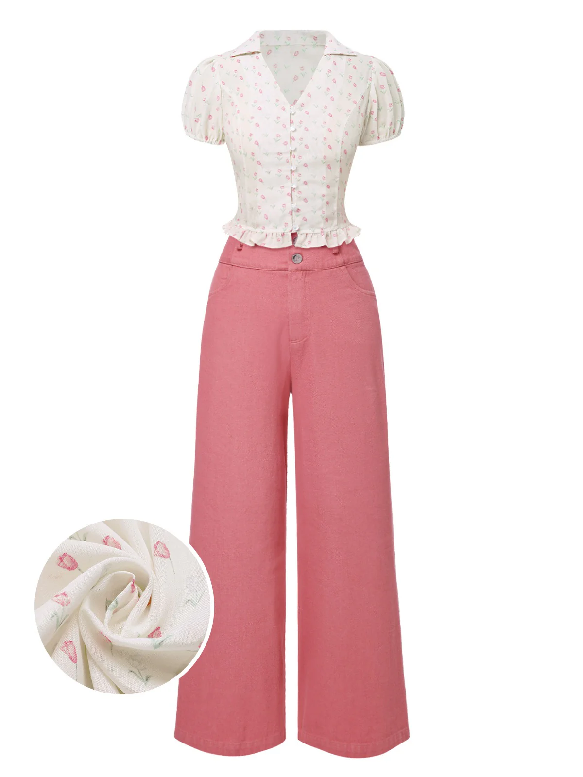 2PCS Pink 1950s Tulip Blouse & Rose Button Pants - Image 3