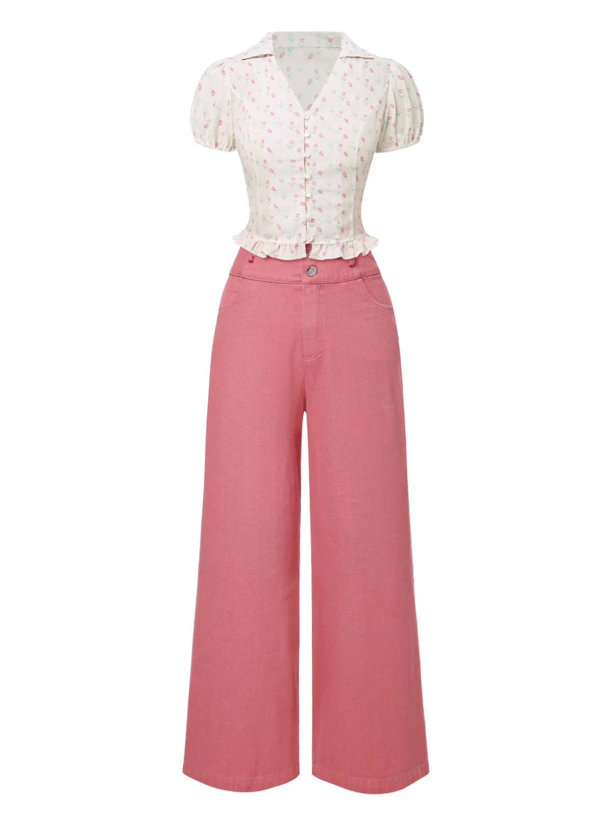 2PCS Pink 1950s Tulip Blouse & Rose Button Pants - Image 4