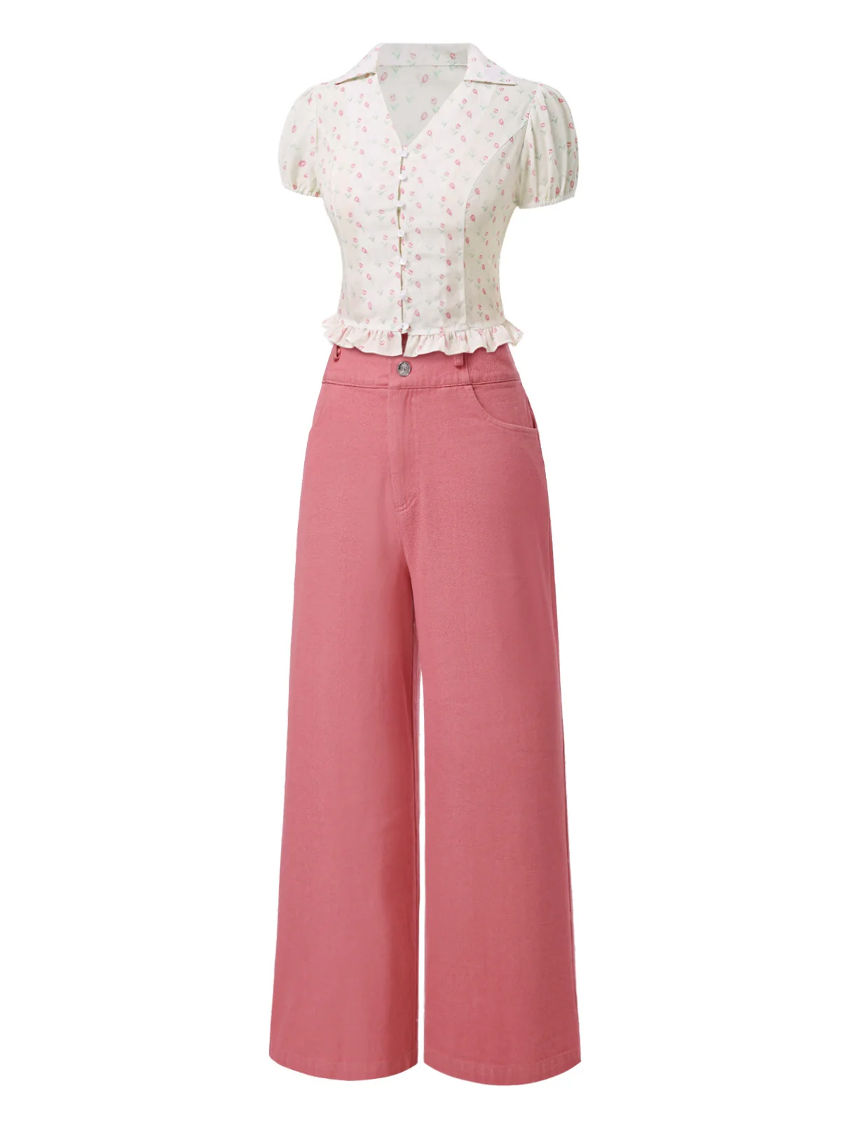 2PCS Pink 1950s Tulip Blouse & Rose Button Pants - Image 5