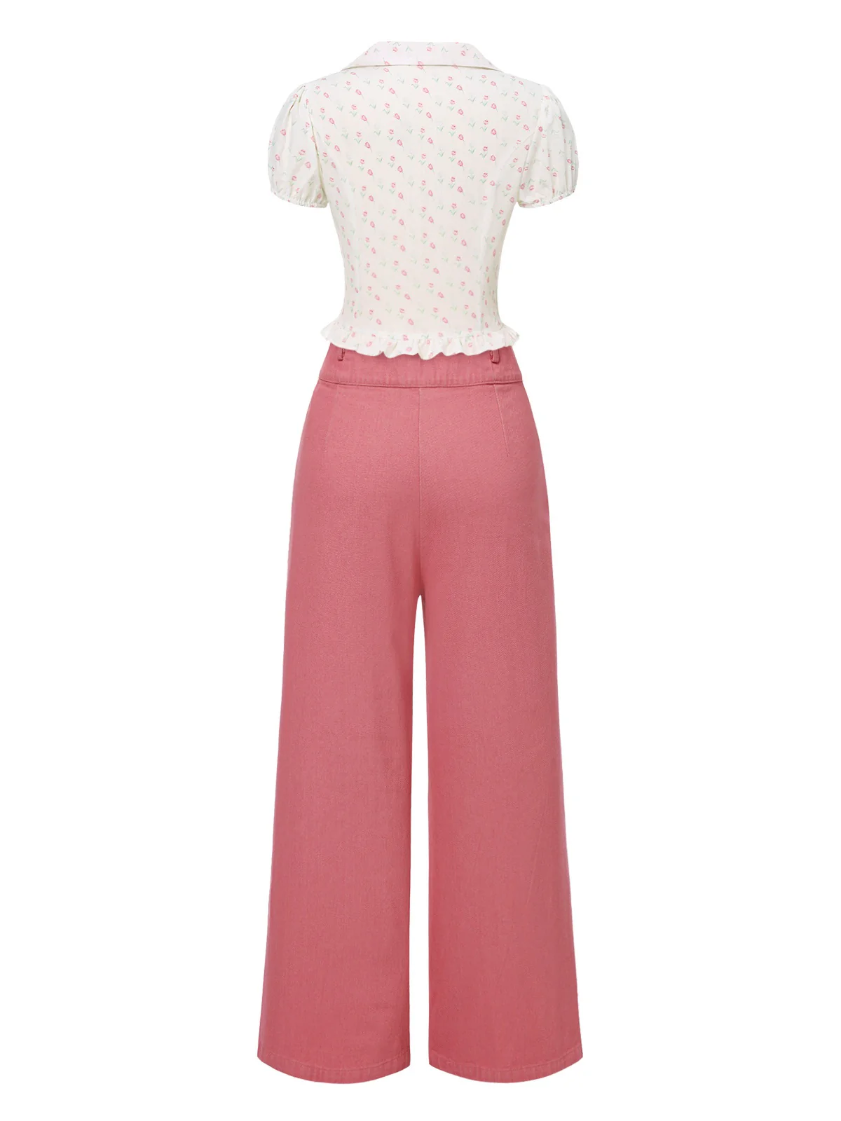 2PCS Pink 1950s Tulip Blouse & Rose Button Pants - Image 6