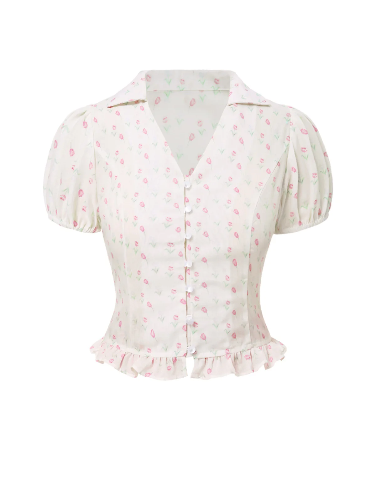 Pink 1940s Tulip V-Neck Lapel Ruffled Blouse - Image 3