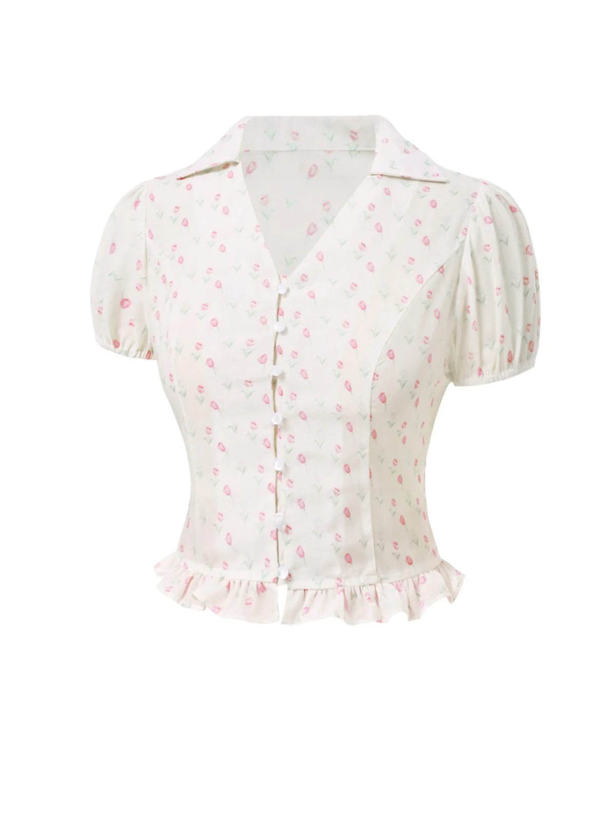 Pink 1940s Tulip V-Neck Lapel Ruffled Blouse - Image 4