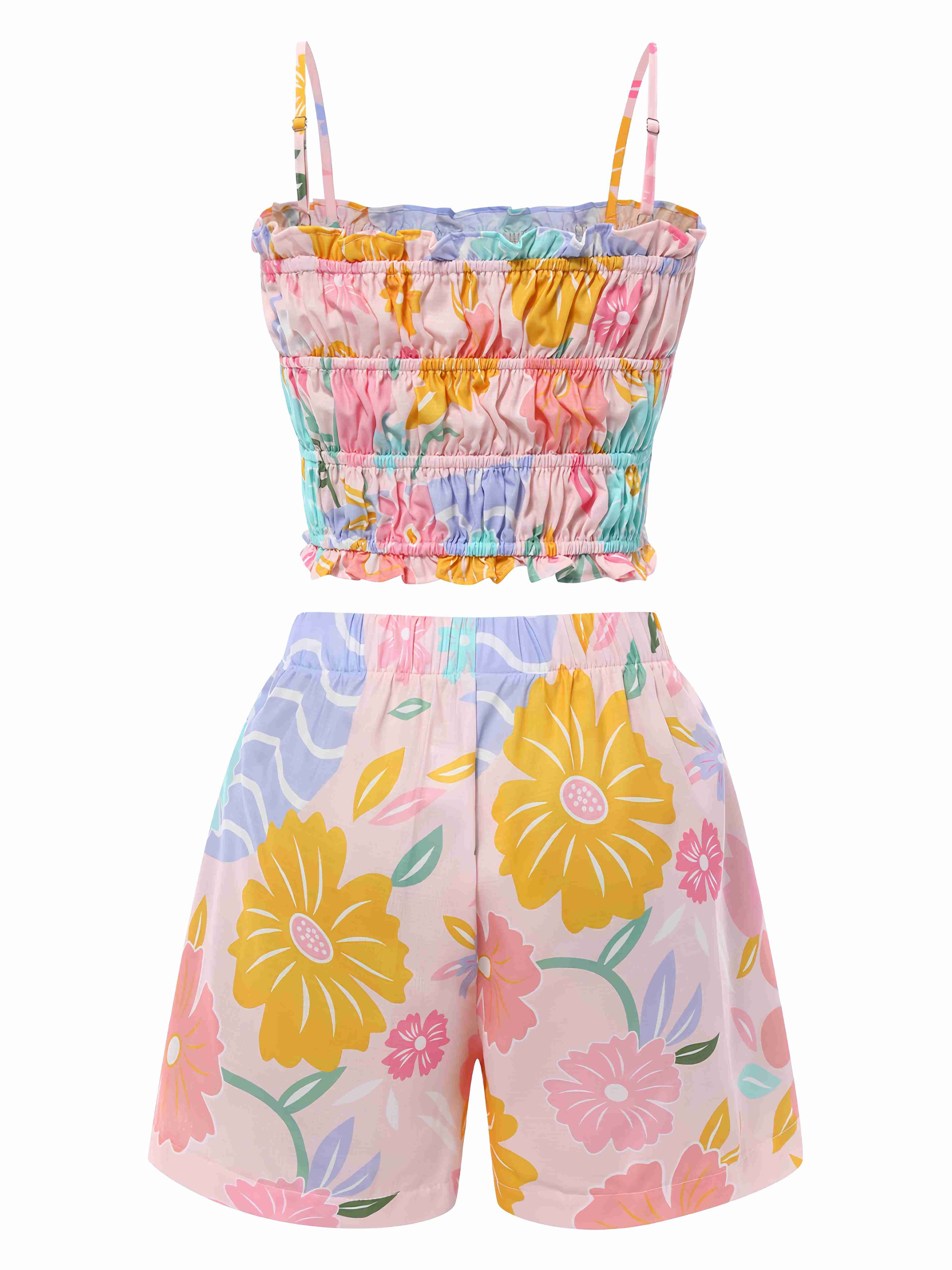 2PCS Pink 1960s Floral Print Ruffles Spaghetti Straps Camisole & Shorts - Image 2