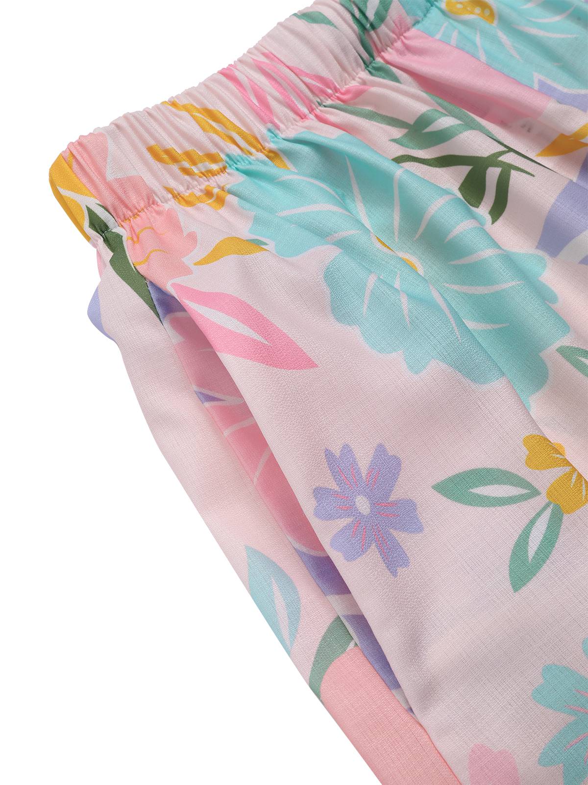 2PCS Pink 1960s Floral Print Ruffles Spaghetti Straps Camisole & Shorts - Image 3