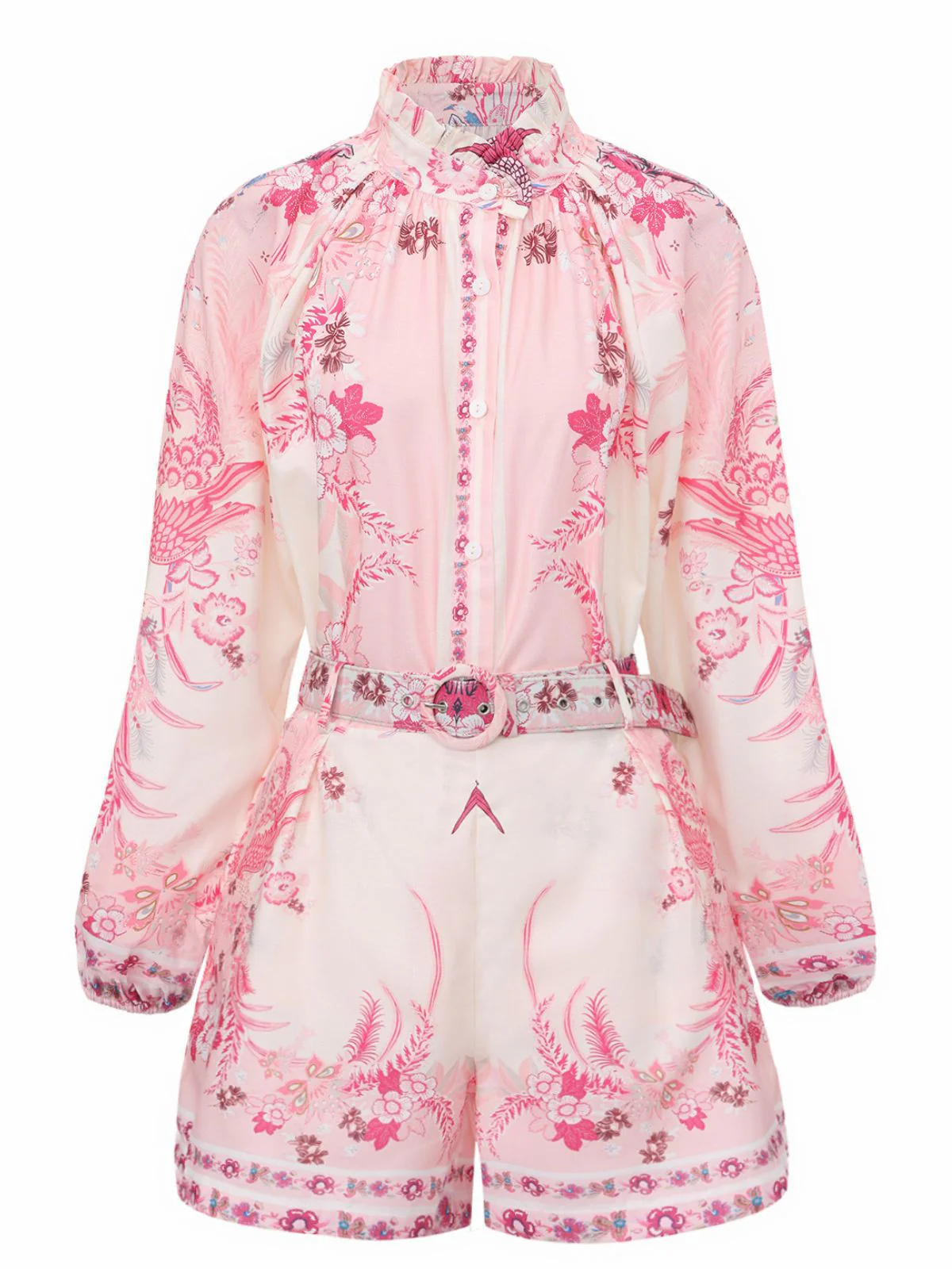 2PCS Pink 1970s Bohemian Floral Blouse & High-Waisted Shorts - Image 2
