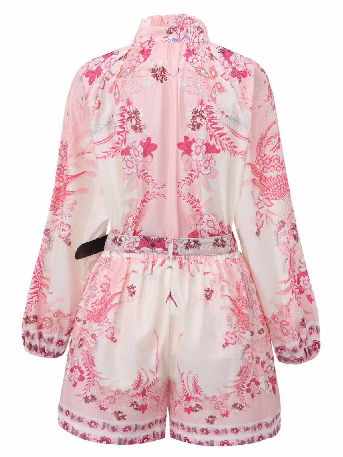 2PCS Pink 1970s Bohemian Floral Blouse & High-Waisted Shorts - Image 3