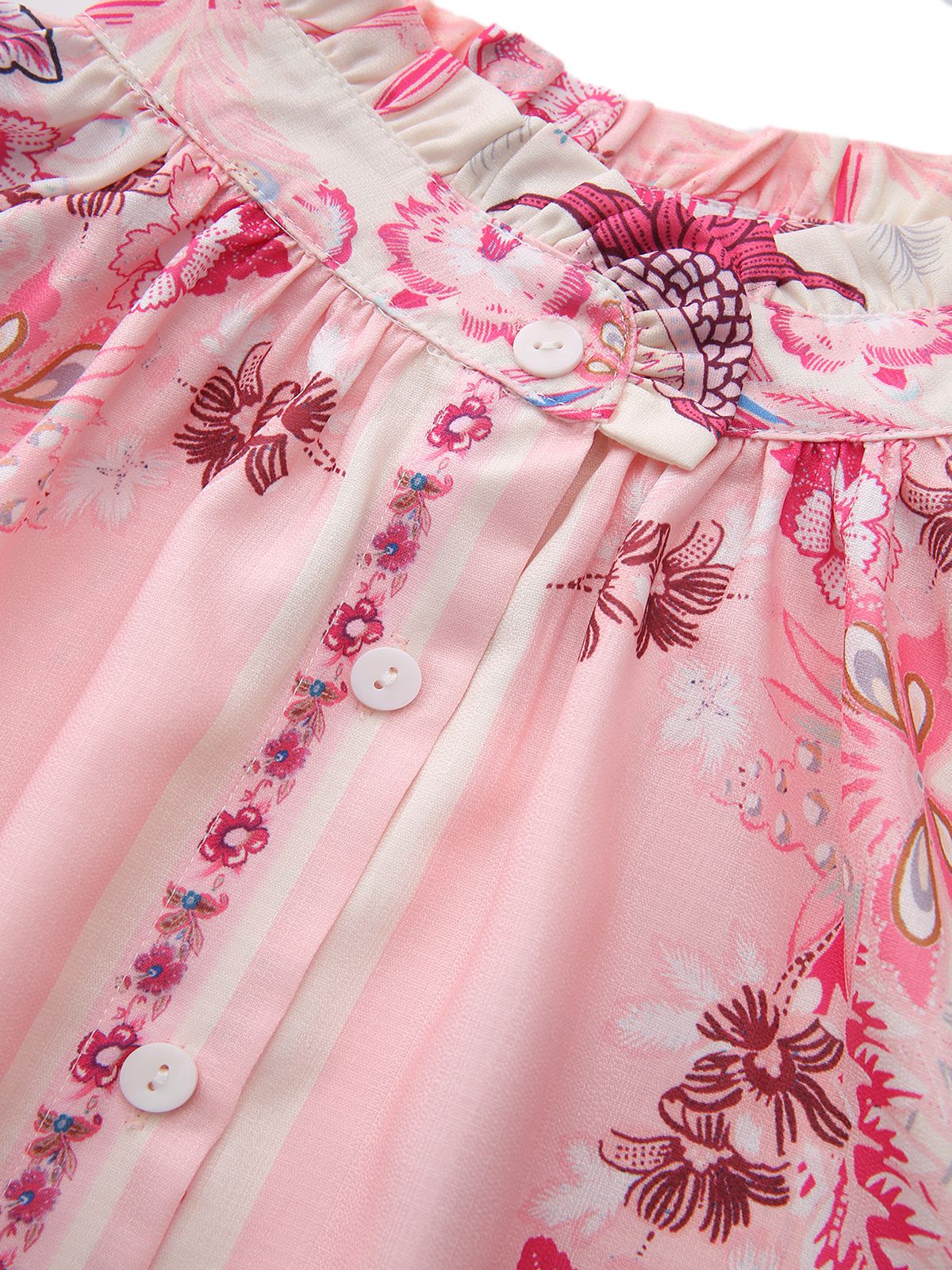 2PCS Pink 1970s Bohemian Floral Blouse & High-Waisted Shorts - Image 4