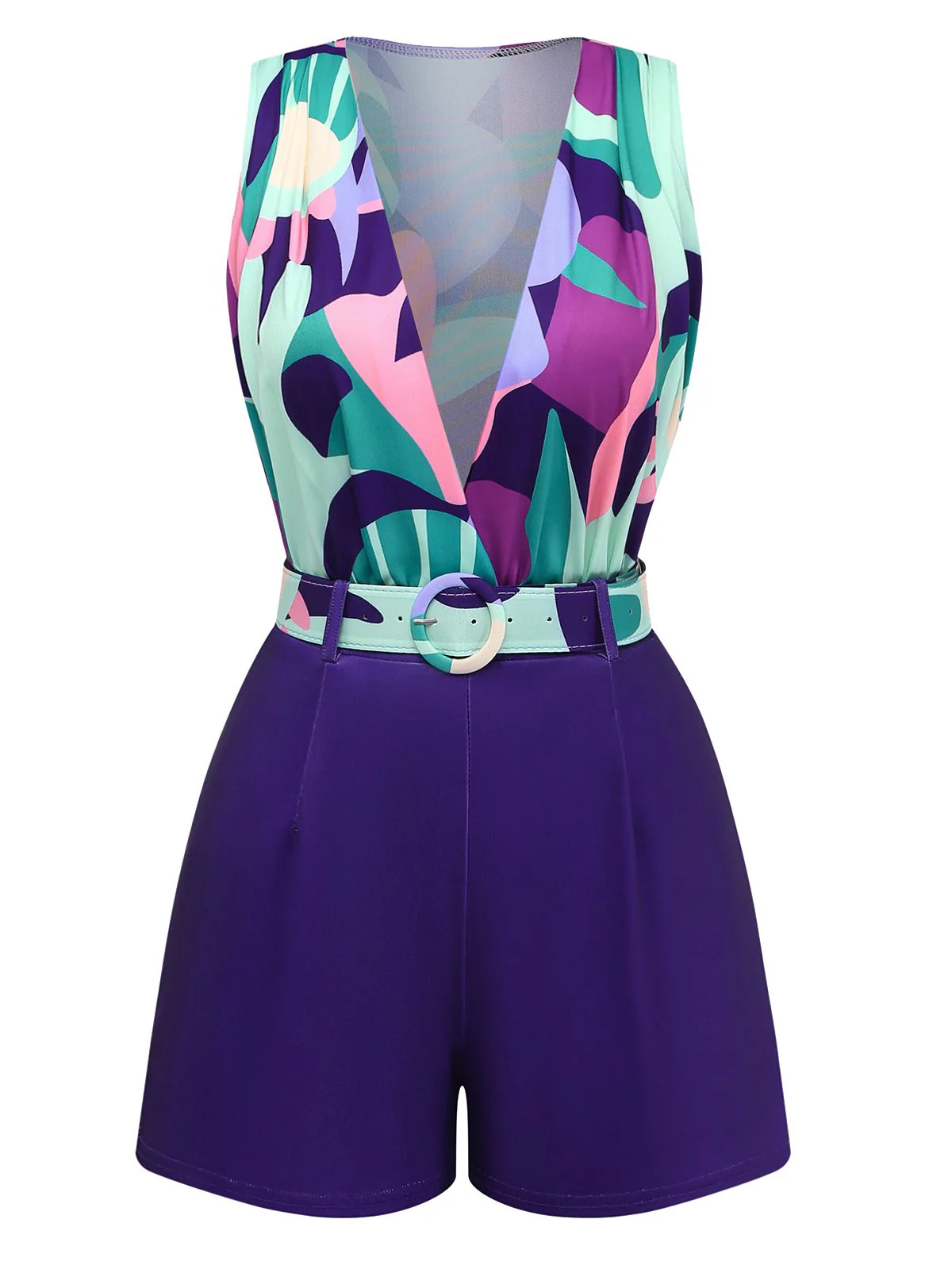 2PCS Purple 1970s Geometric Print Vest & Shorts - Image 2