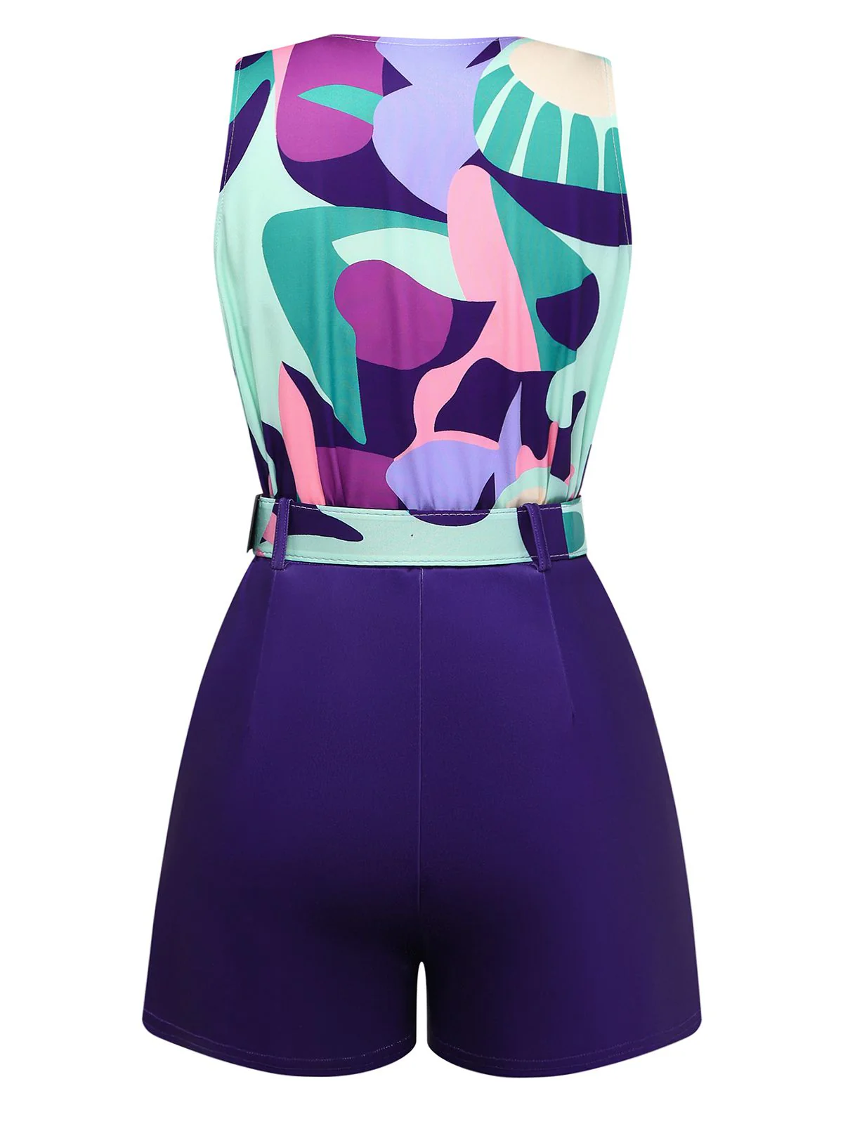 2PCS Purple 1970s Geometric Print Vest & Shorts - Image 3