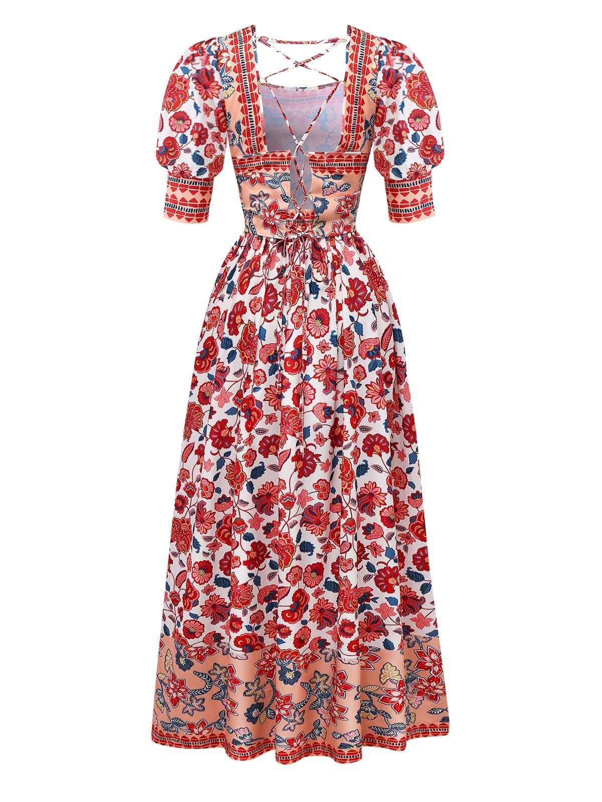 2PCS Red 1930s Floral Lantern Sleeve Cutout Top & Ruched Skirt - Image 2