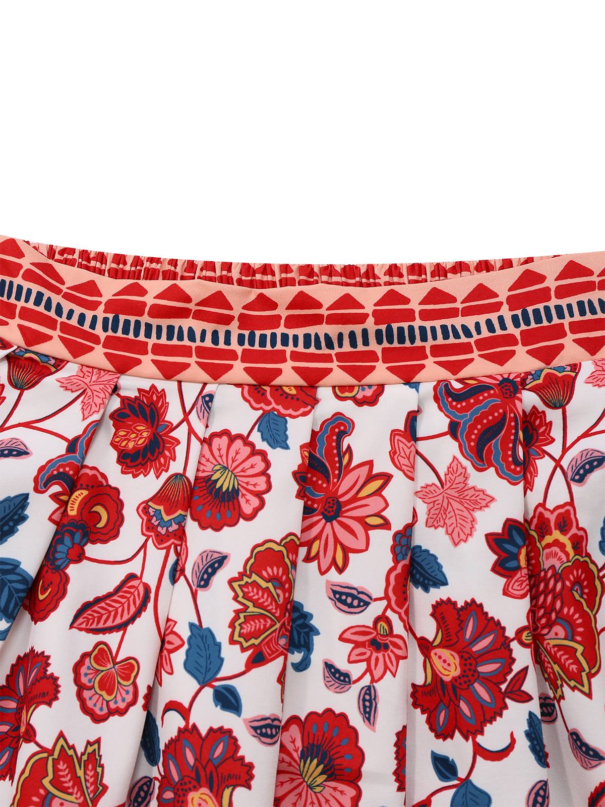 2PCS Red 1930s Floral Lantern Sleeve Cutout Top & Ruched Skirt - Image 4