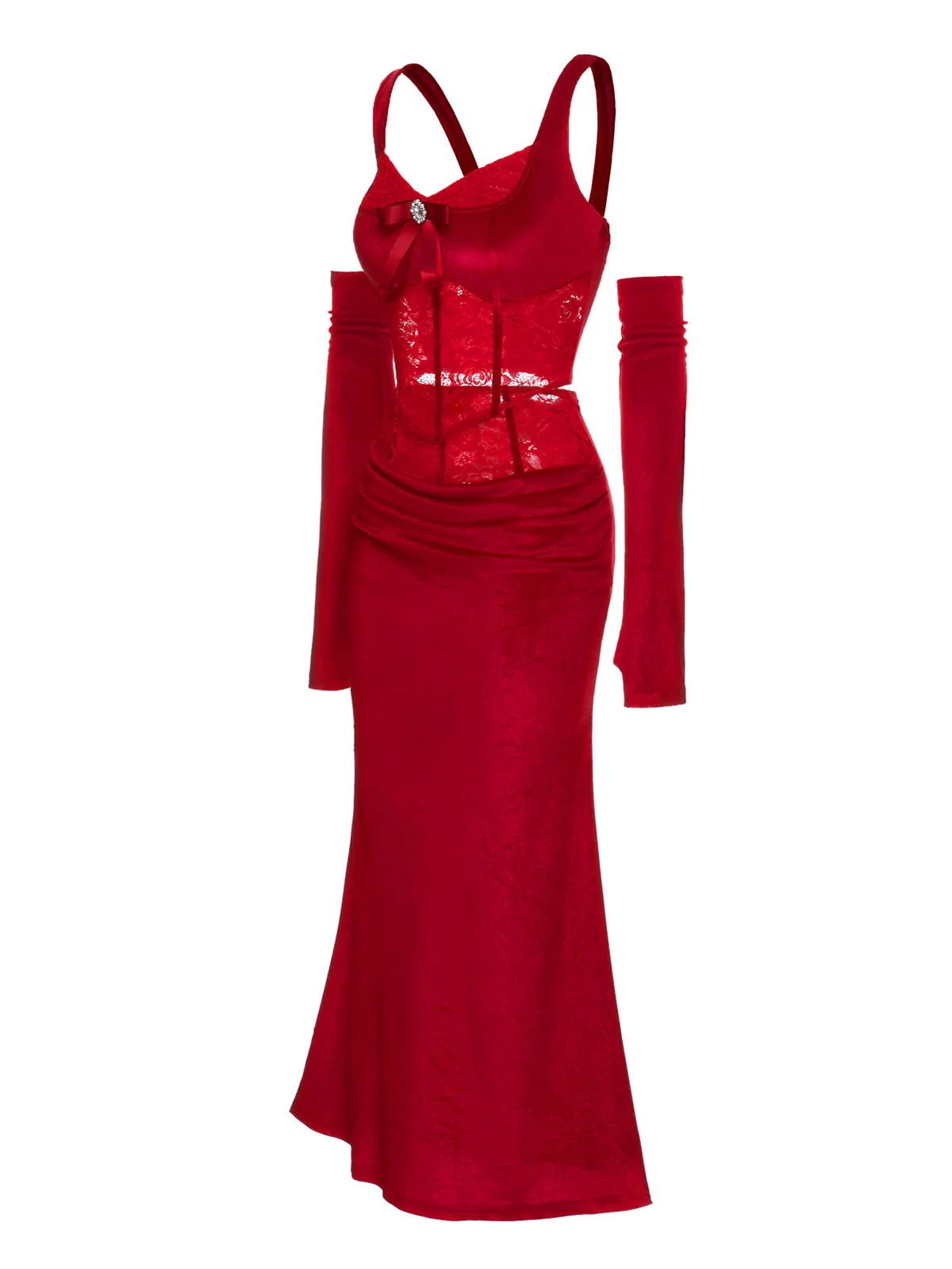 2PCS Red 1930s Velvet Lace Patchwork Top & Skirt - Image 2