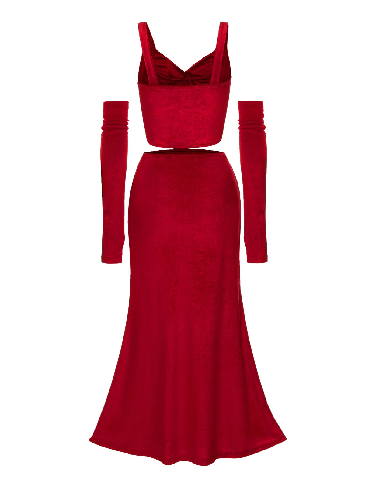 2PCS Red 1930s Velvet Lace Patchwork Top & Skirt - Image 3