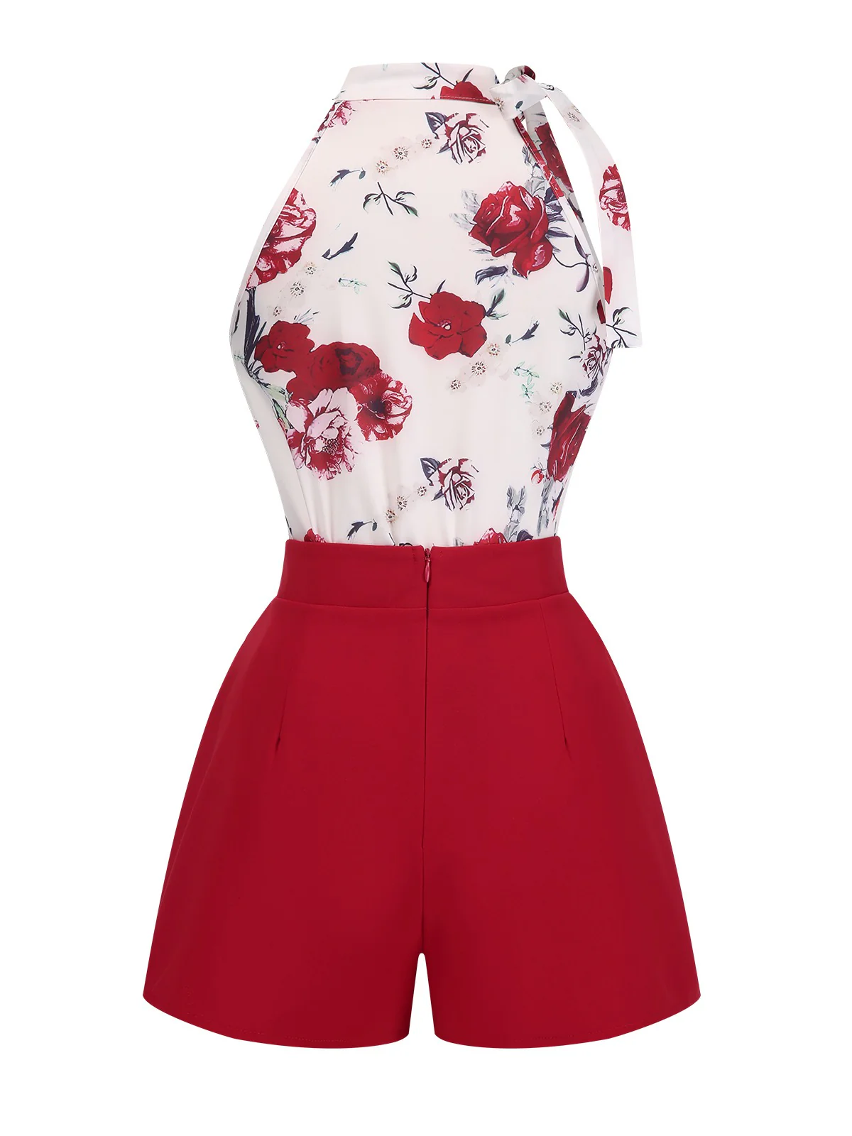 2PCS Red 1940s Floral Tie Neck Top & Buttoned Short - Image 2
