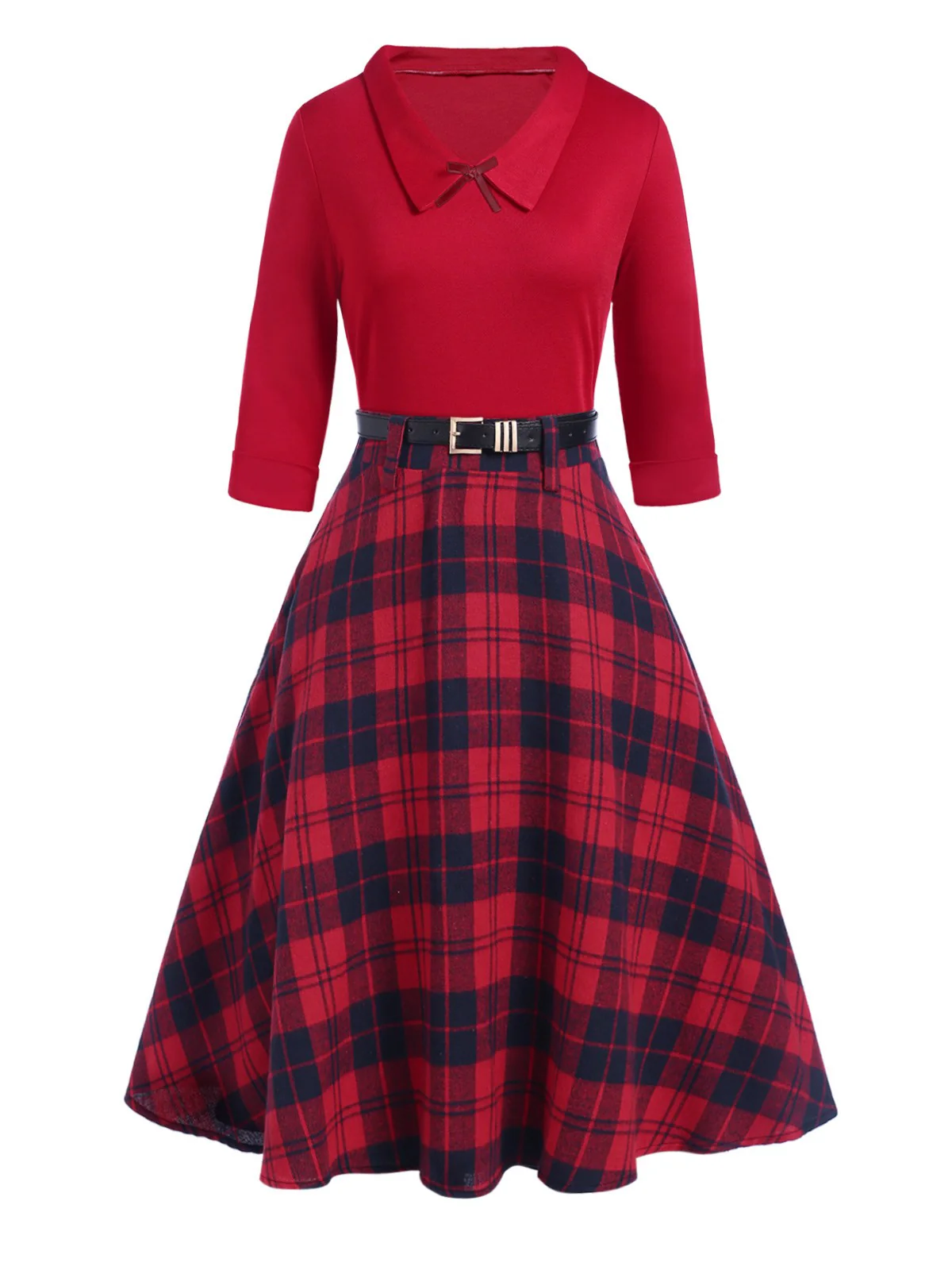 2PCS Red 1940s Lapel Top & Plaid Skirt - Image 2