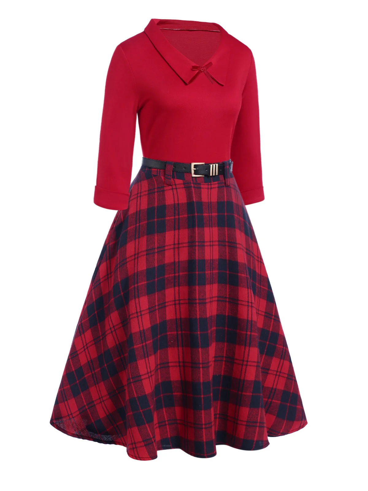 2PCS Red 1940s Lapel Top & Plaid Skirt - Image 3