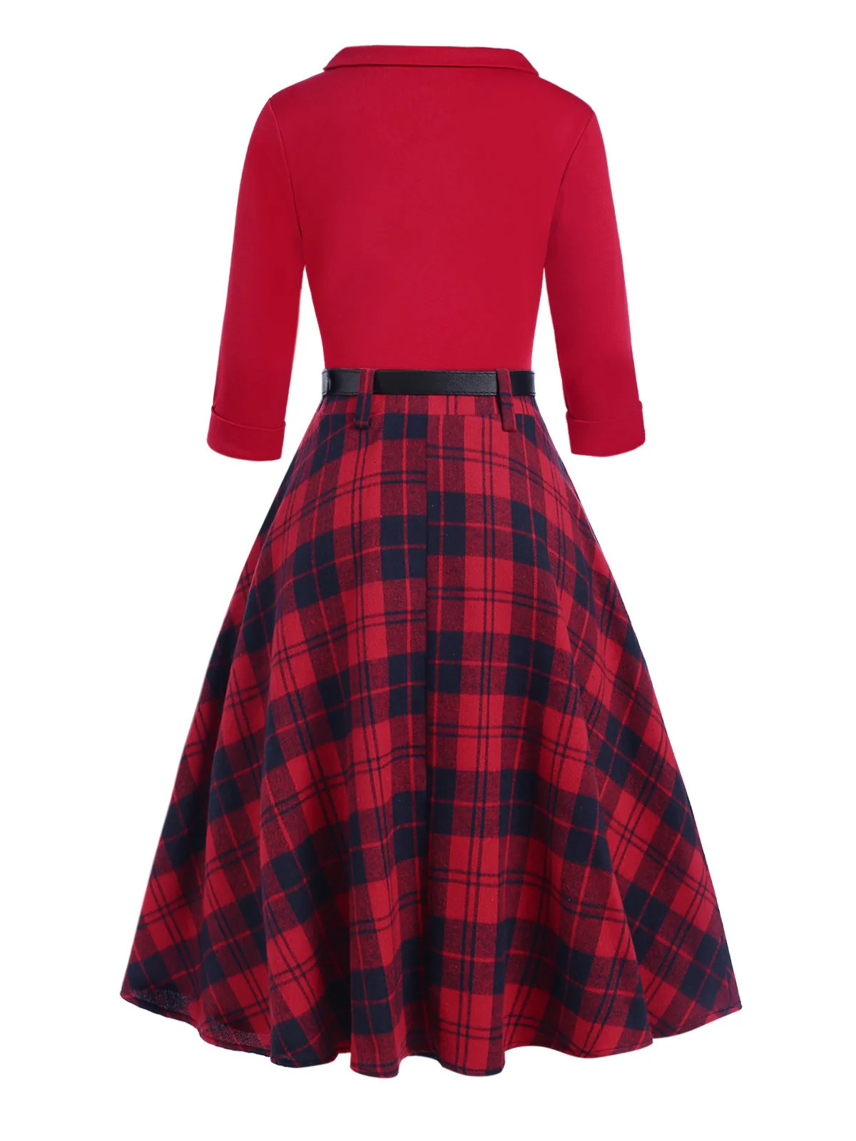 2PCS Red 1940s Lapel Top & Plaid Skirt - Image 4