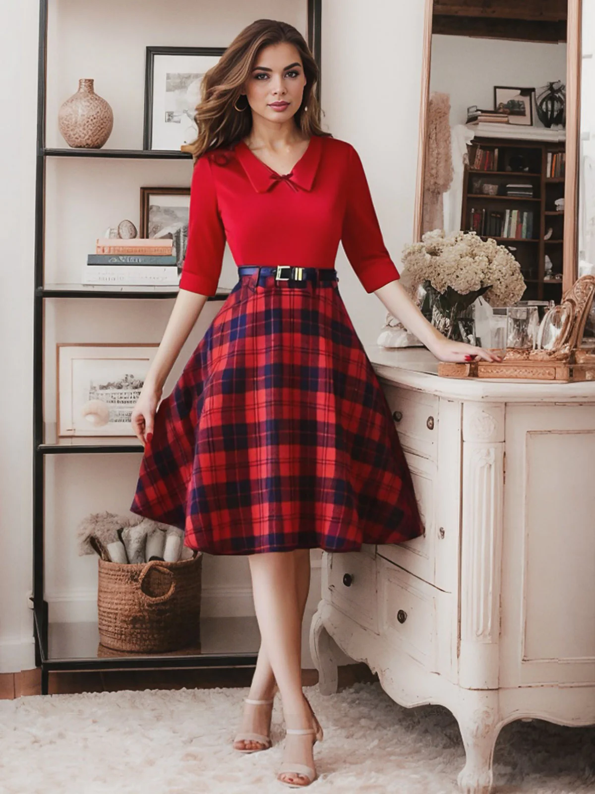 2PCS Red 1940s Lapel Top & Plaid Skirt - Image 9