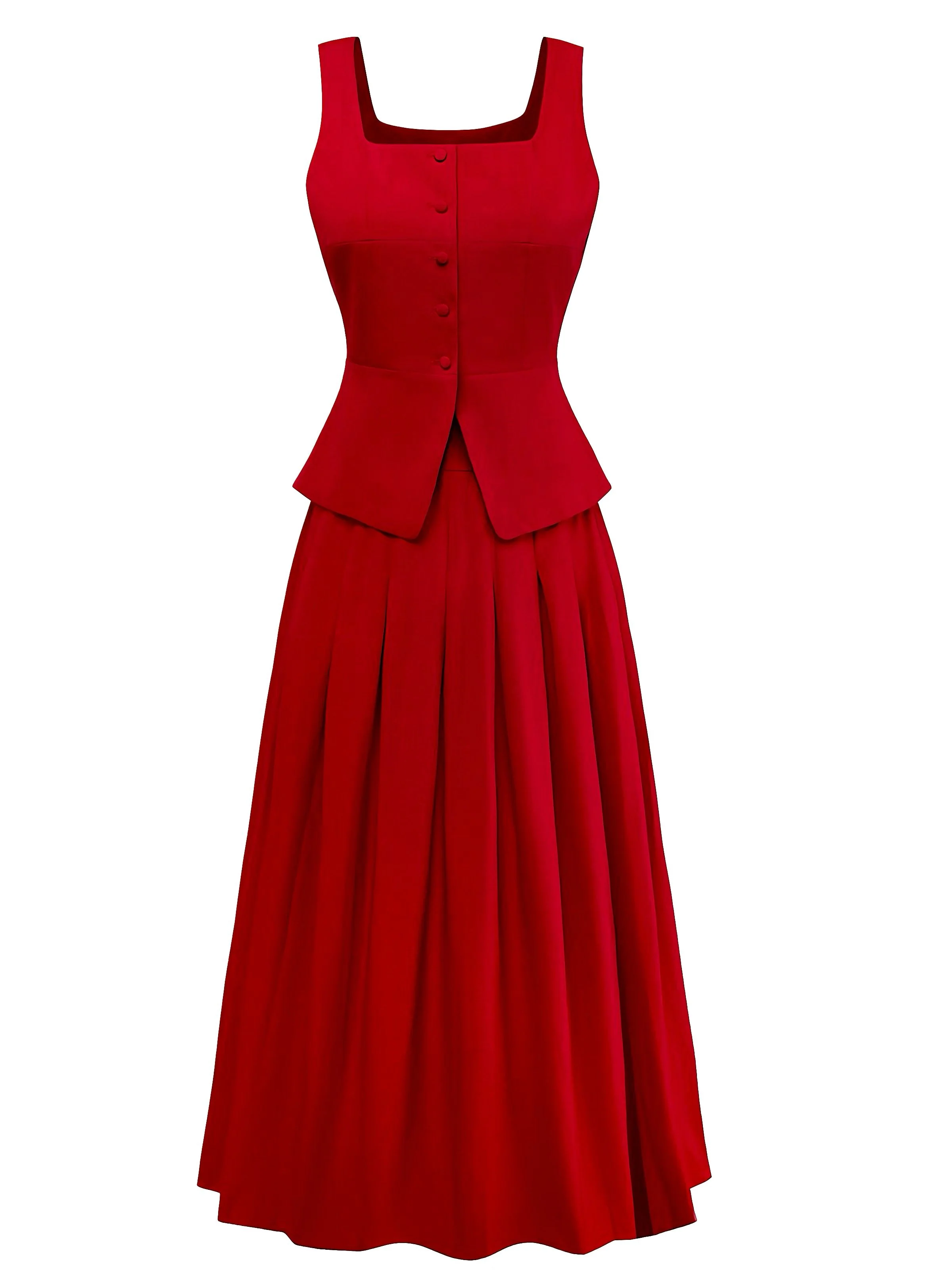 2PCS Red 1940s Square Neck Sleeveless Vest & Skirt - Image 2