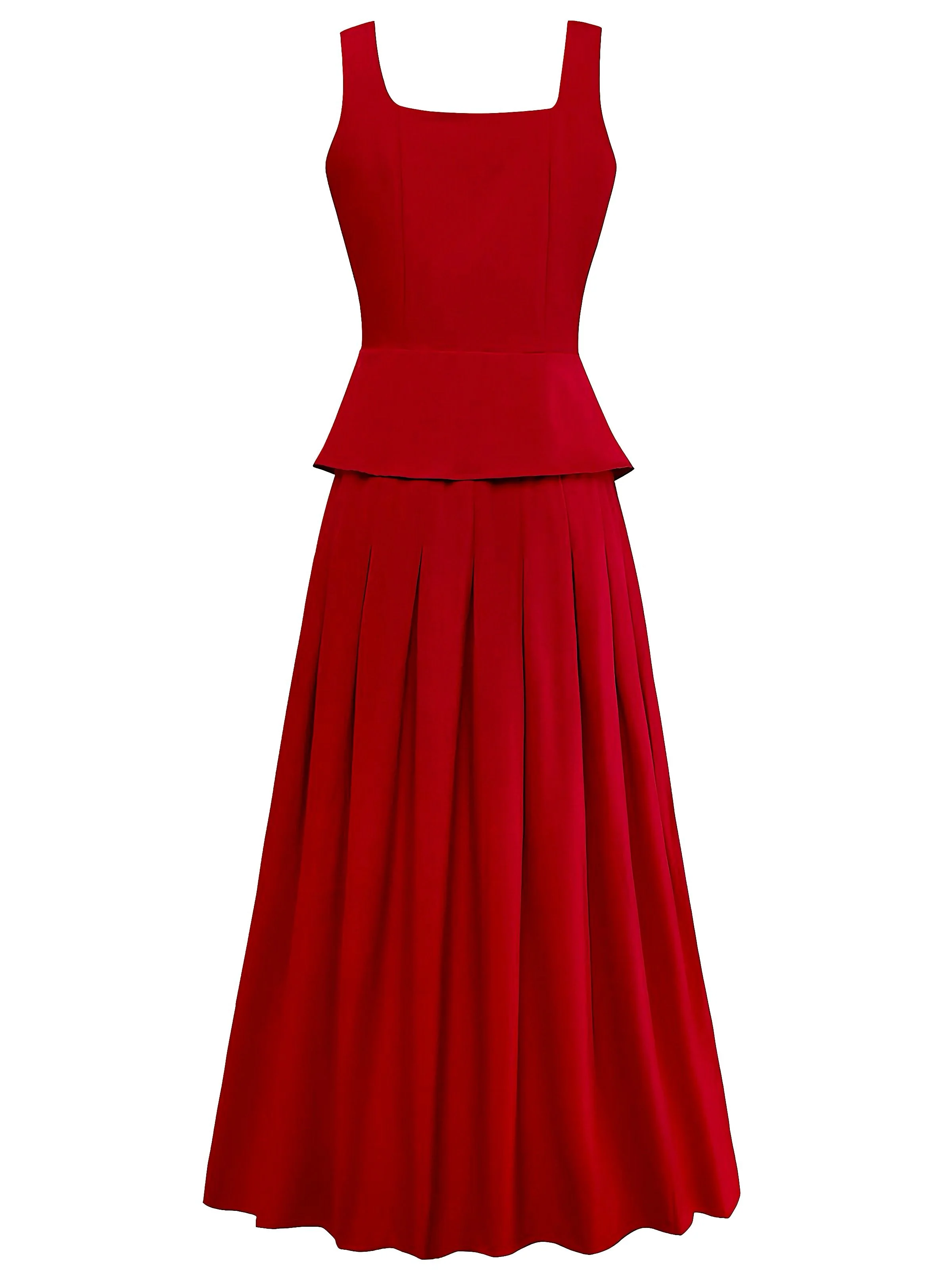 2PCS Red 1940s Square Neck Sleeveless Vest & Skirt - Image 3