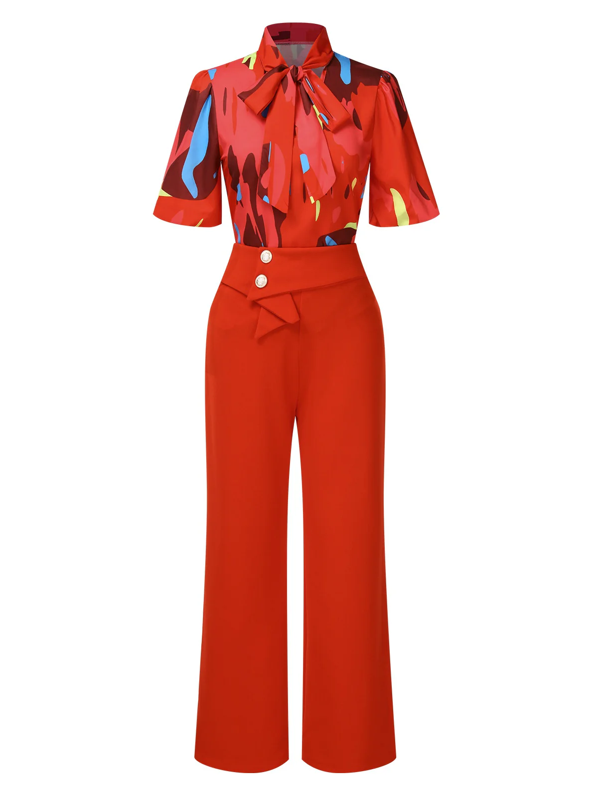 2PCS Red 1950s Abstract Prints Blouse & Solid Pants - Image 2