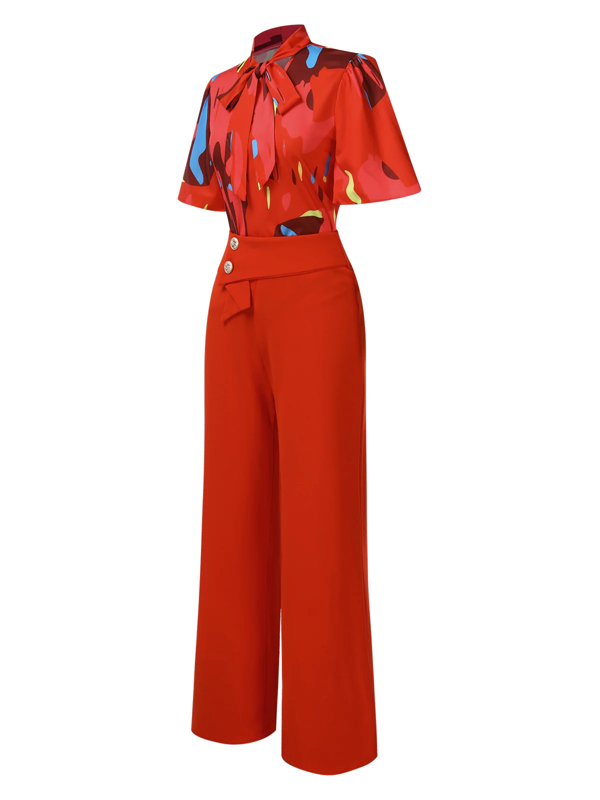 2PCS Red 1950s Abstract Prints Blouse & Solid Pants - Image 3
