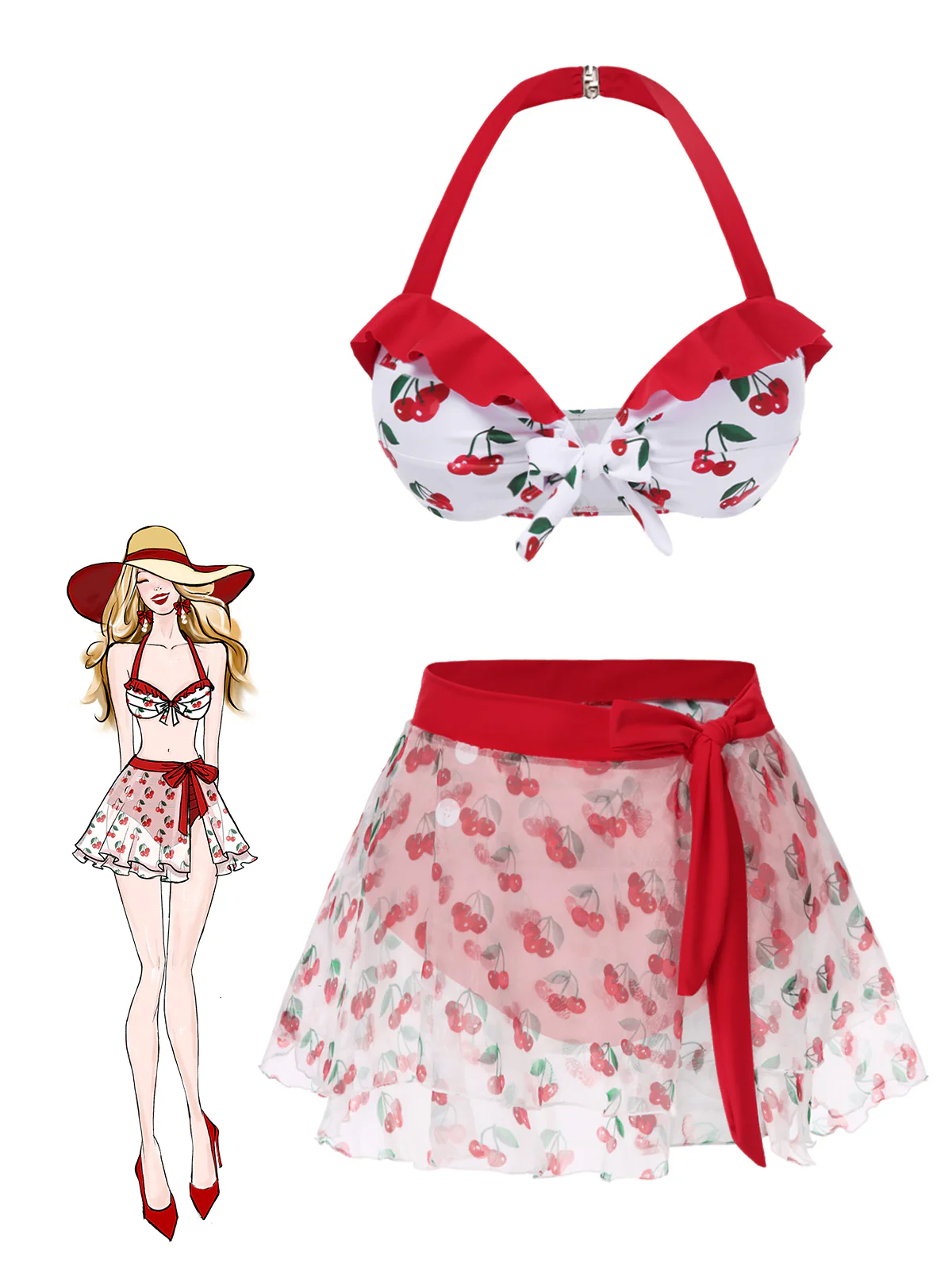 2PCS Red 1950s Cherry Bikini & Tie-Waist Cover up - Image 2
