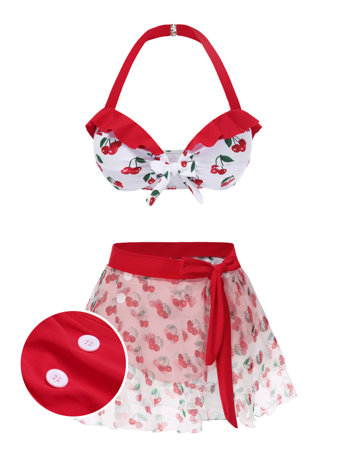 2PCS Red 1950s Cherry Bikini & Tie-Waist Cover up - Image 3