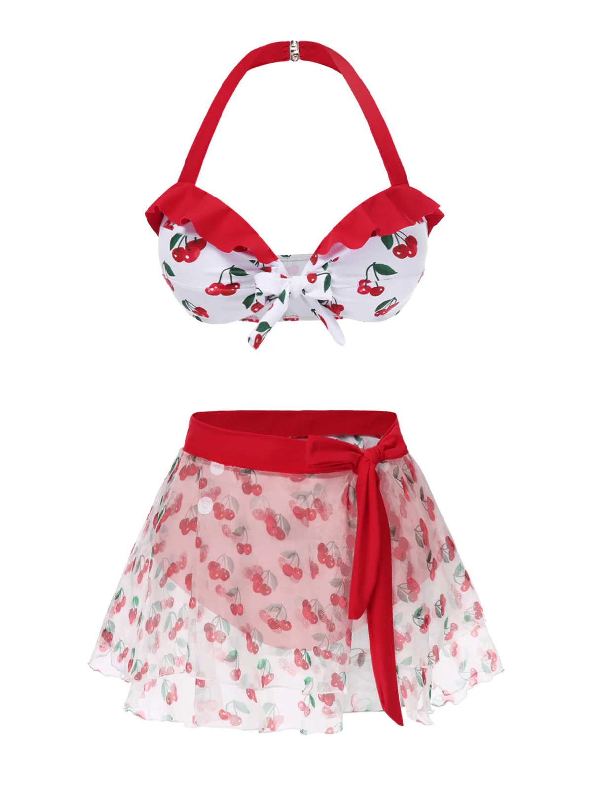 2PCS Red 1950s Cherry Bikini & Tie-Waist Cover up - Image 4
