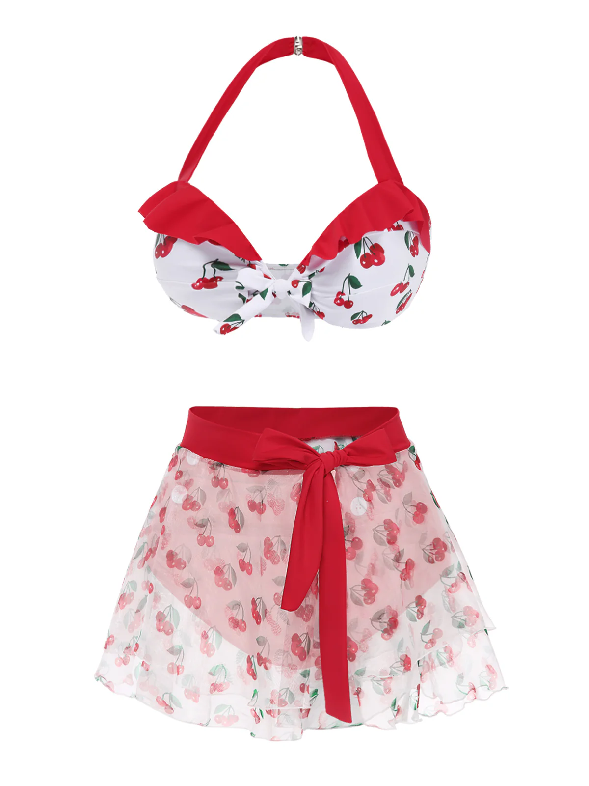 2PCS Red 1950s Cherry Bikini & Tie-Waist Cover up - Image 5