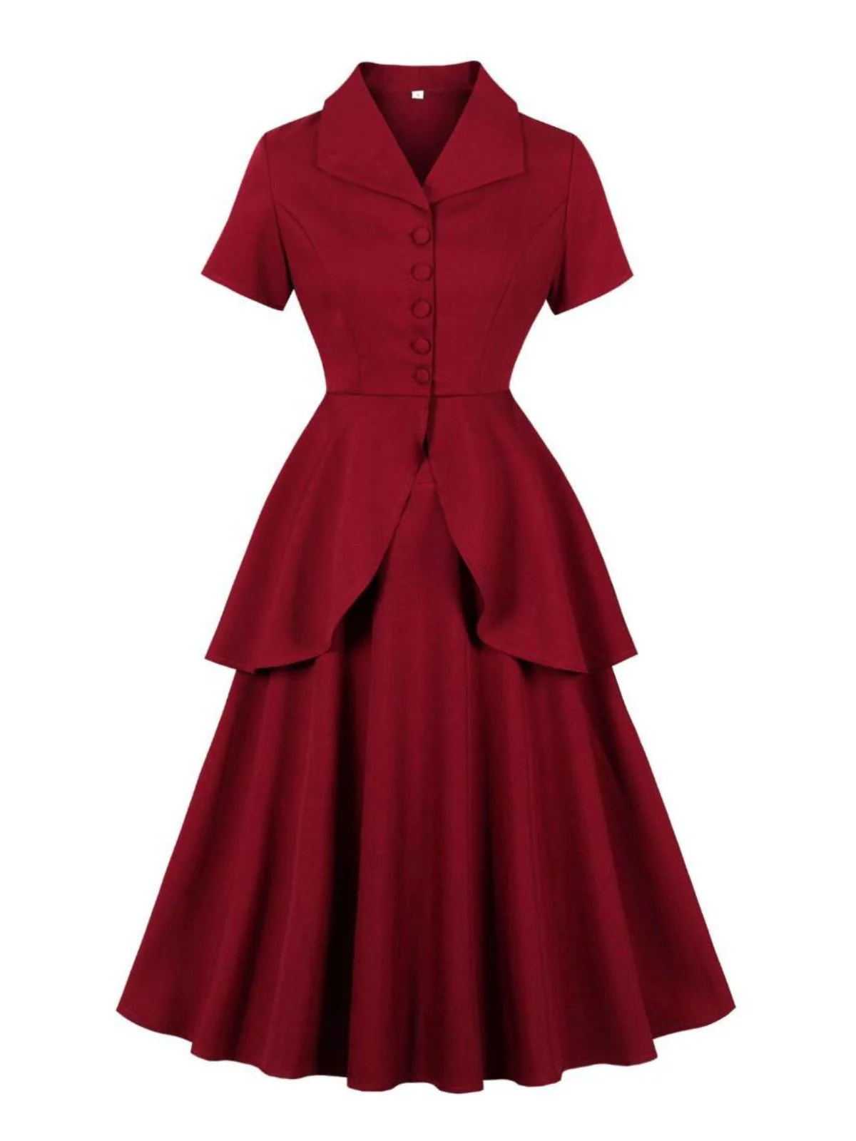 2PCS Red 1950s Solid Ruffled Button Top & Skirt - Image 2