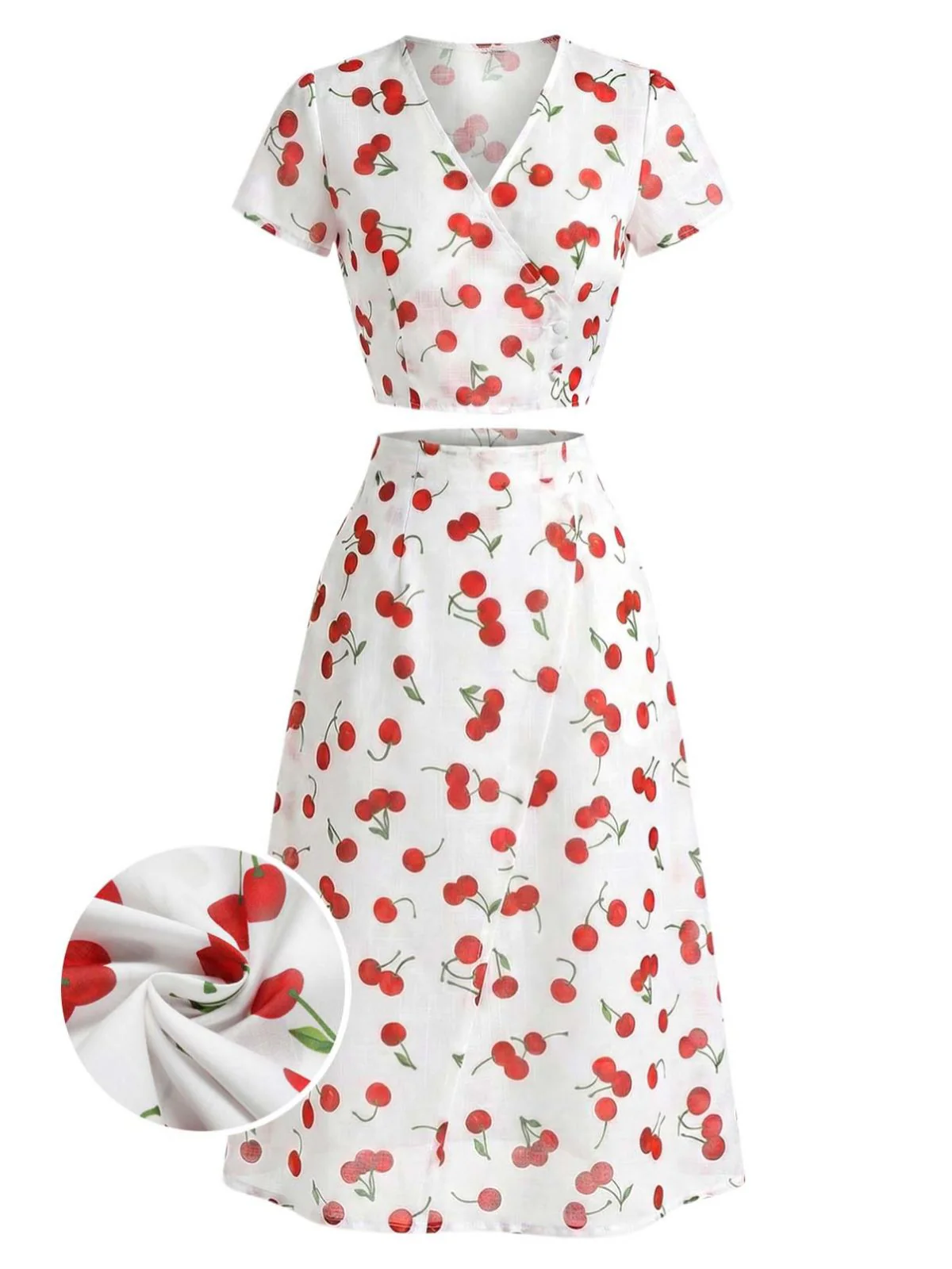 2PCS Red 1960s Cherry V-Neck Crop Top & Skirt - Image 2