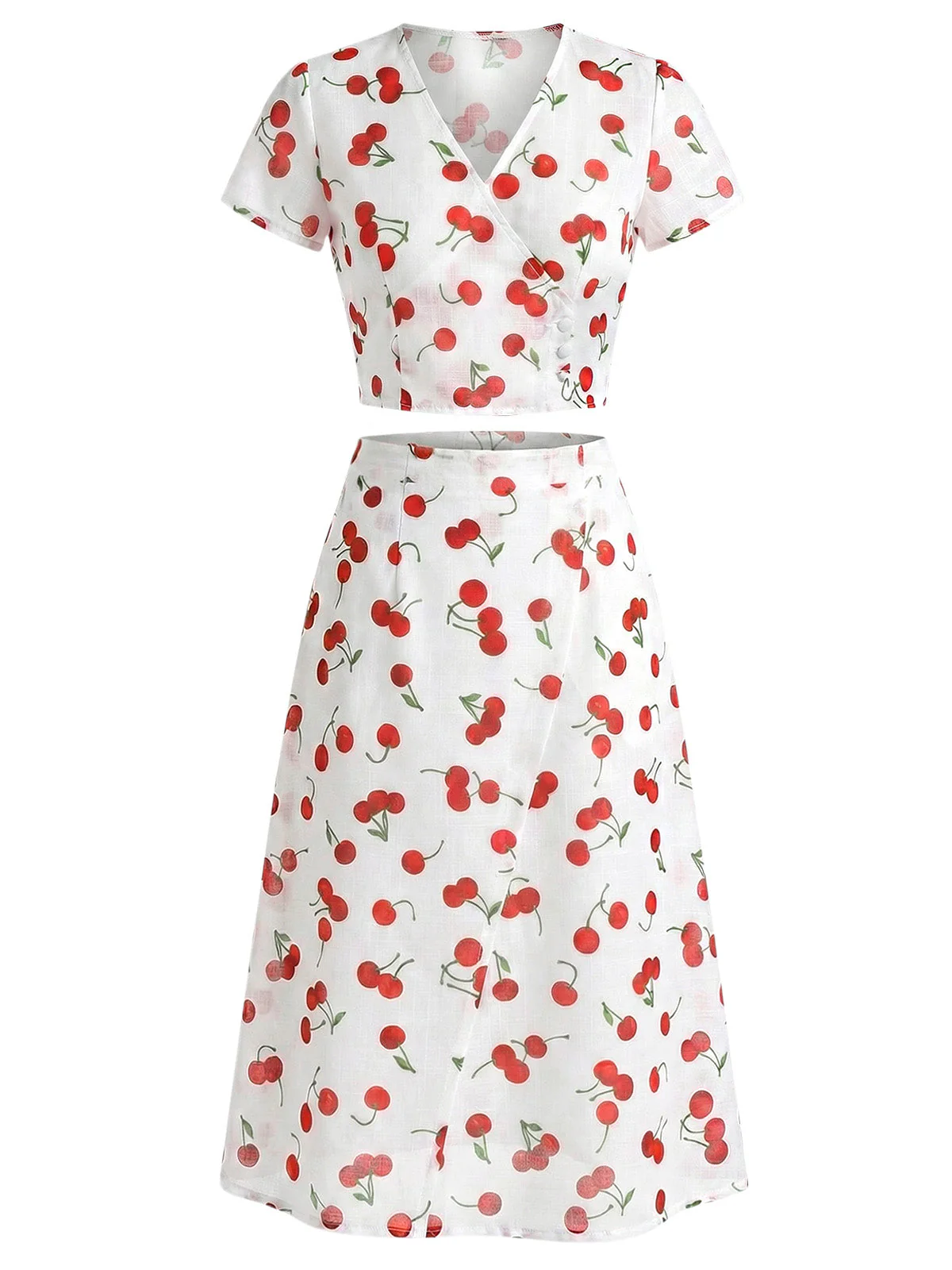 2PCS Red 1960s Cherry V-Neck Crop Top & Skirt - Image 3