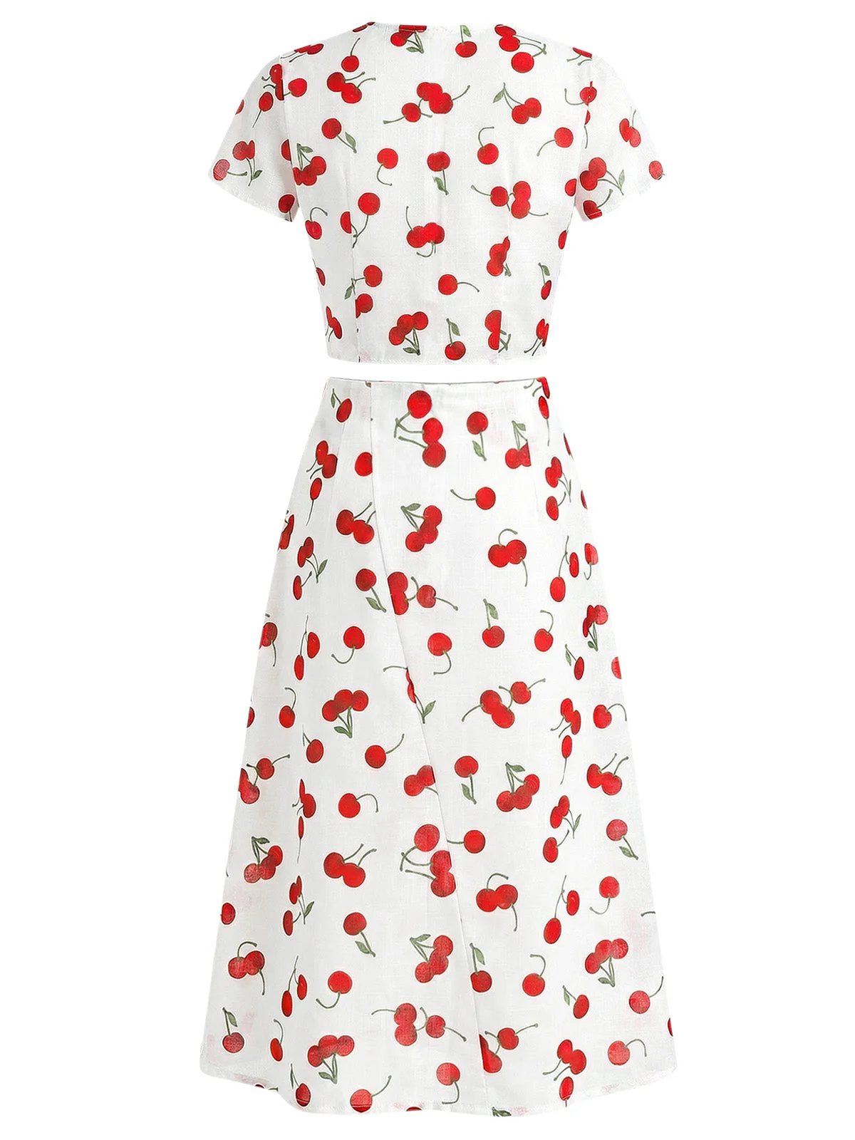2PCS Red 1960s Cherry V-Neck Crop Top & Skirt - Image 4