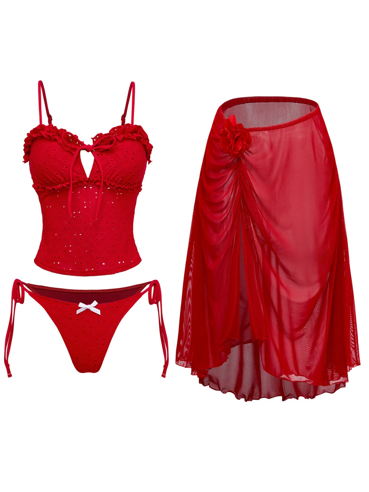 2PCS Red 1960s Cutout Ruffled Tankini Set & Cover-Up - Image 2