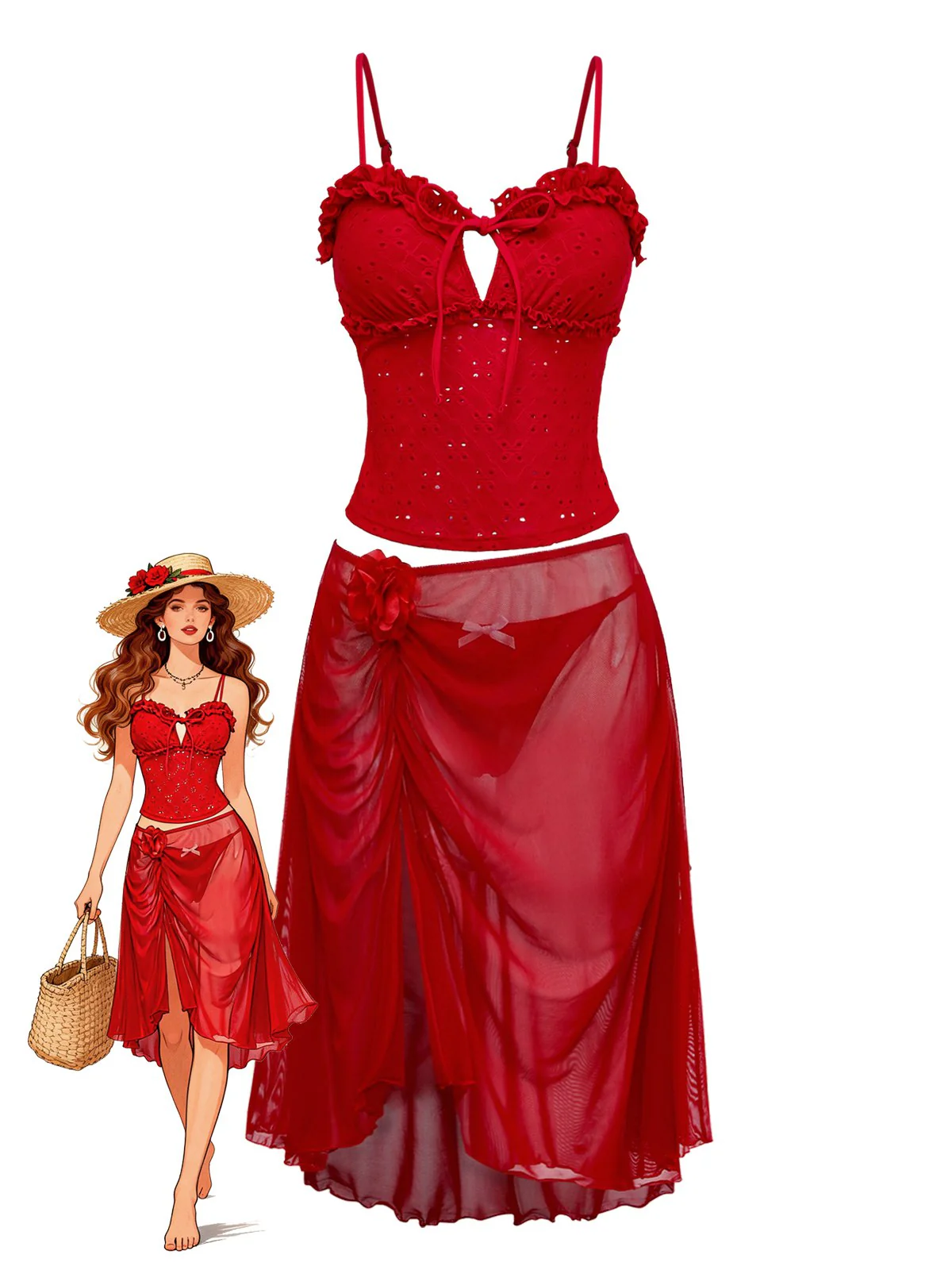 2PCS Red 1960s Cutout Ruffled Tankini Set & Cover-Up - Image 3